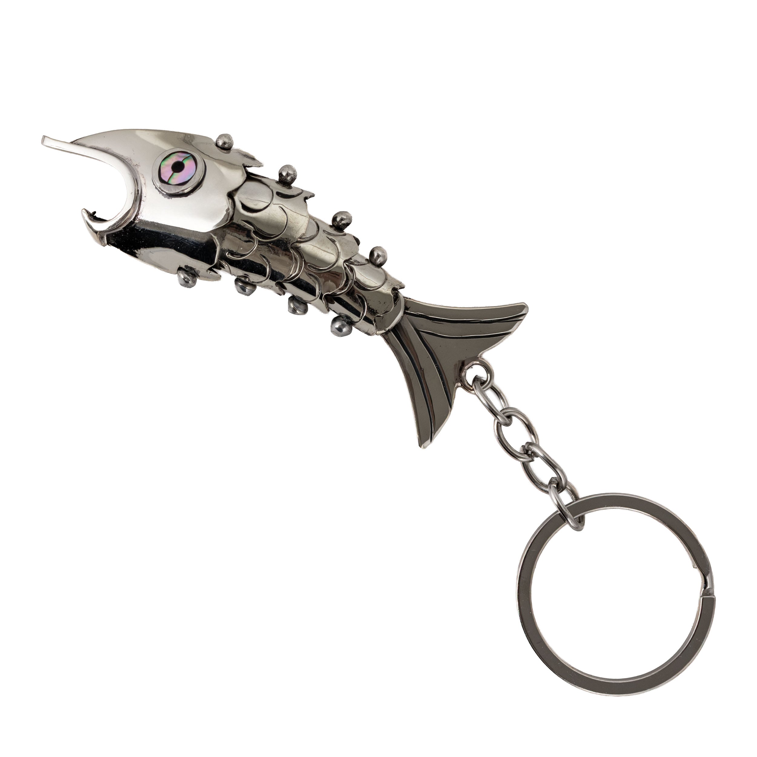 Articulated Nickel Silver Fish Purse Charm Bottle Opener with Abalone Eyes