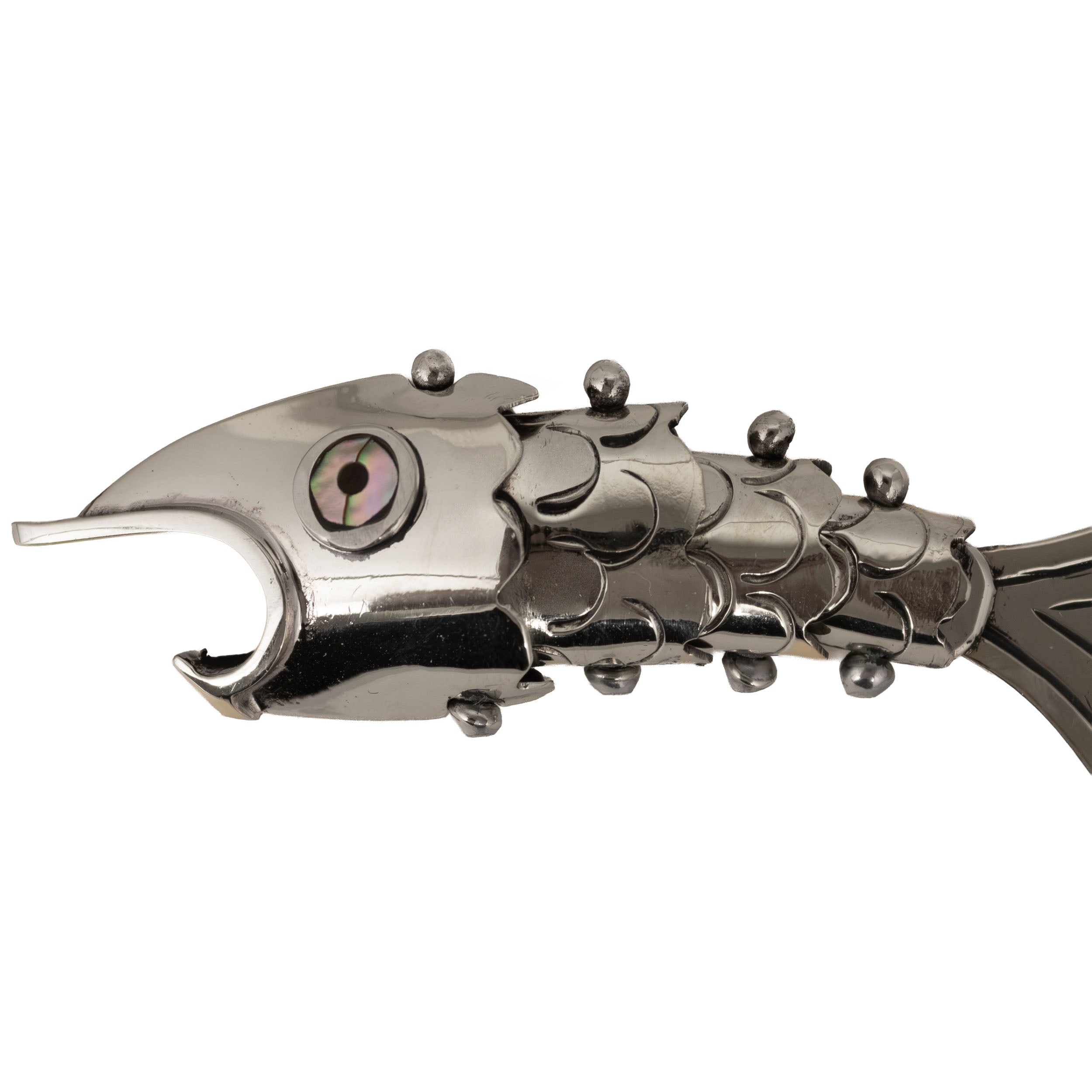 Articulated Nickel Silver Fish Purse Charm Bottle Opener with Abalone Eyes