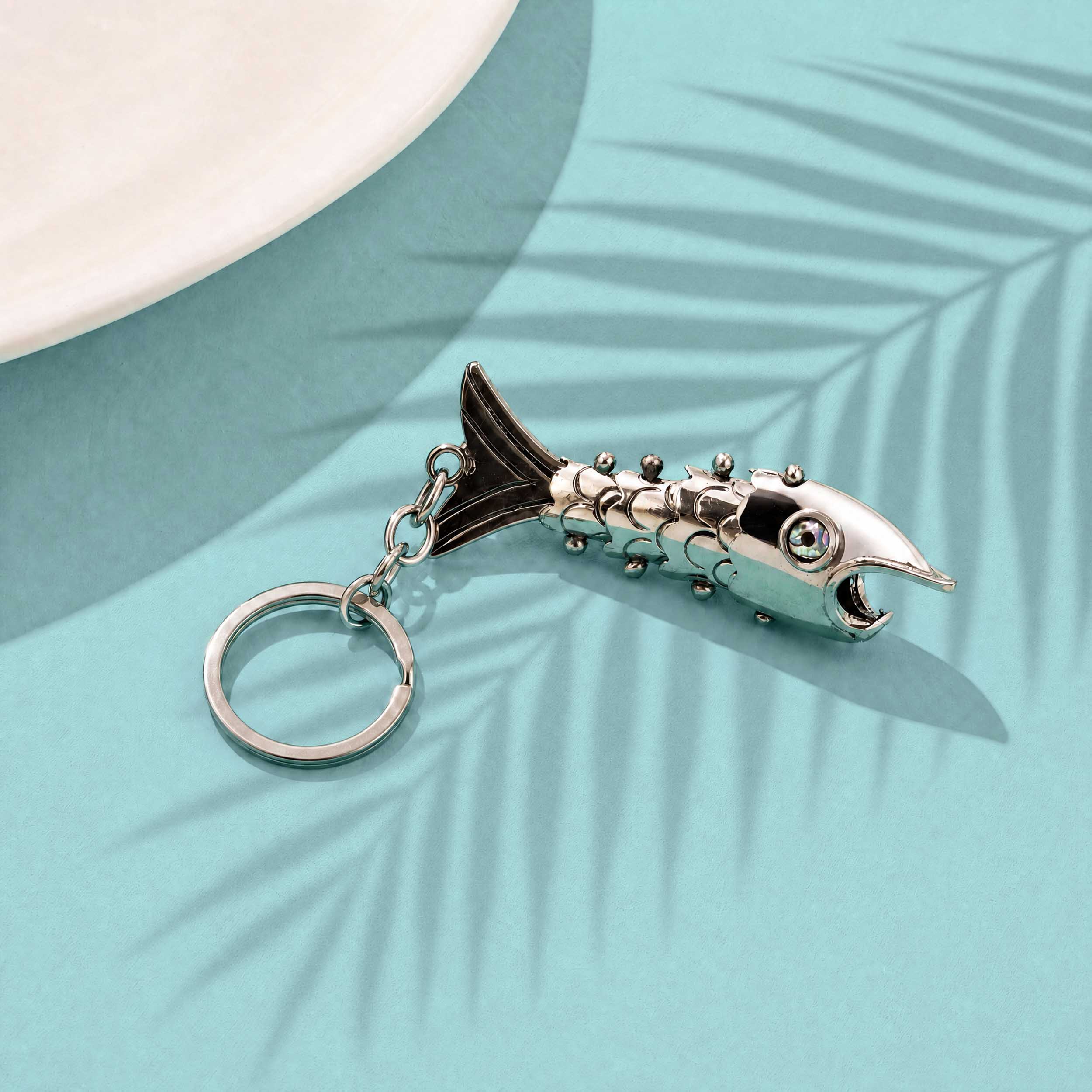Articulated Nickel Silver Fish Purse Charm Bottle Opener with Abalone Eyes