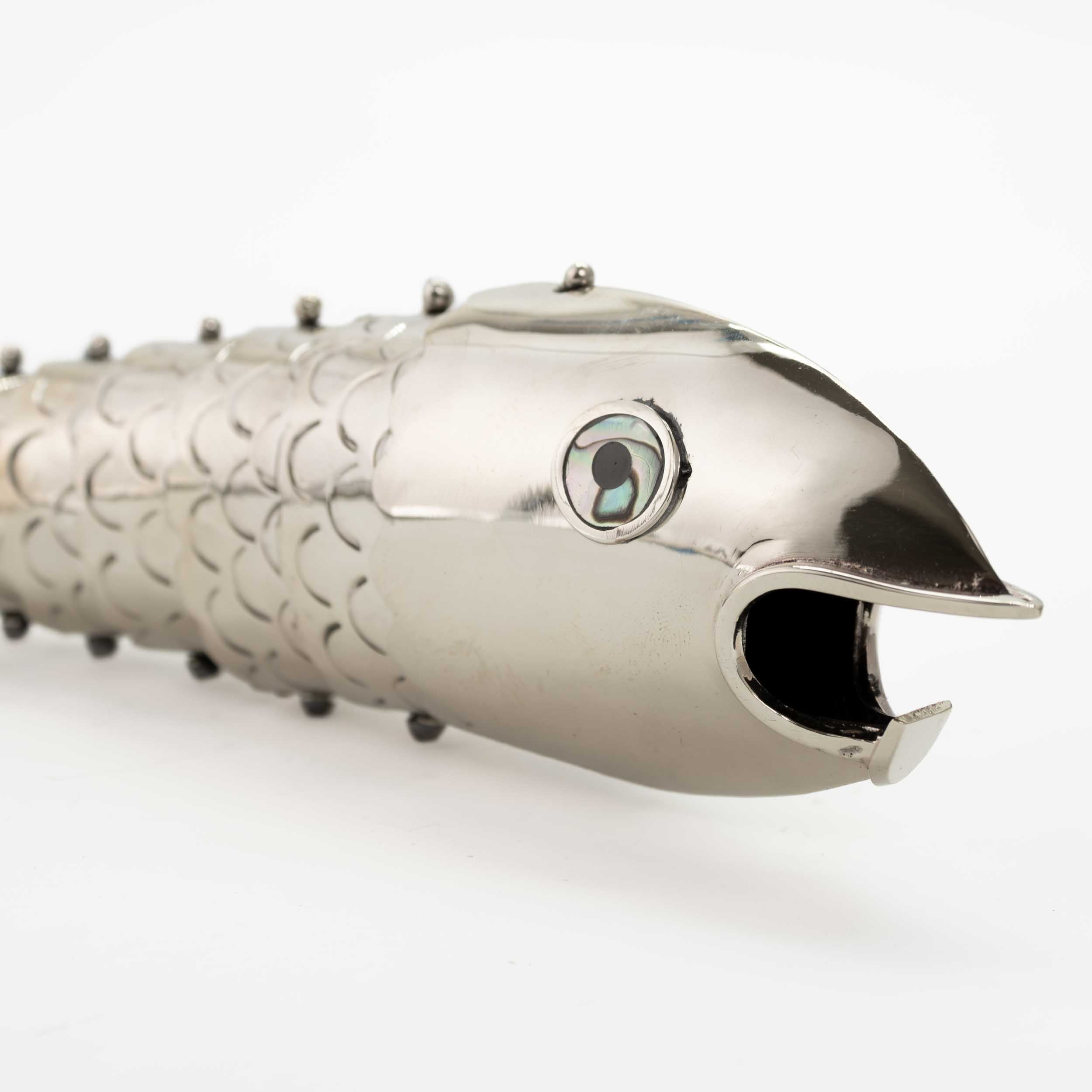 Articulated Nickel Silver Fish Bottle Opener with Abalone Eyes