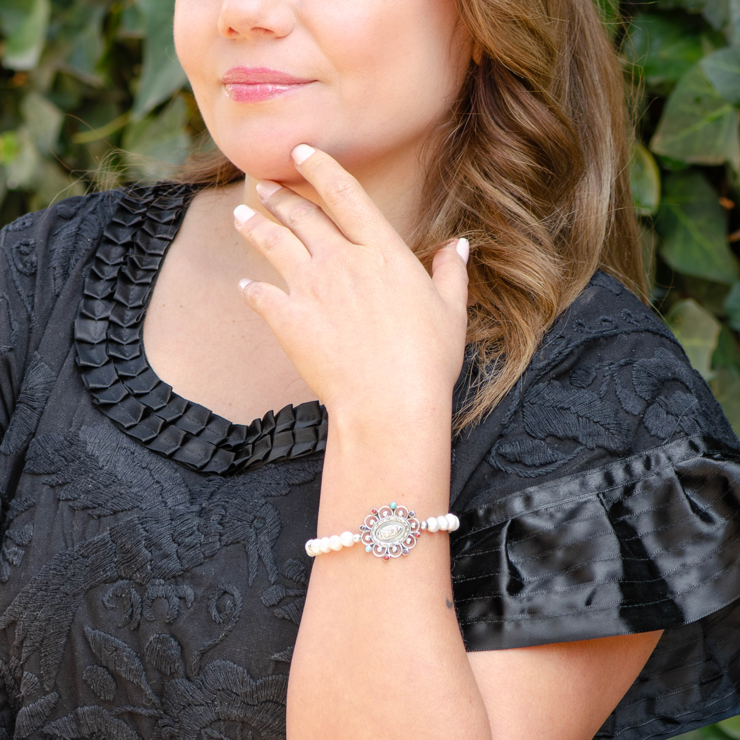 Sterling Silver Virgen De Guadalupe Faux Pearl Bracelet