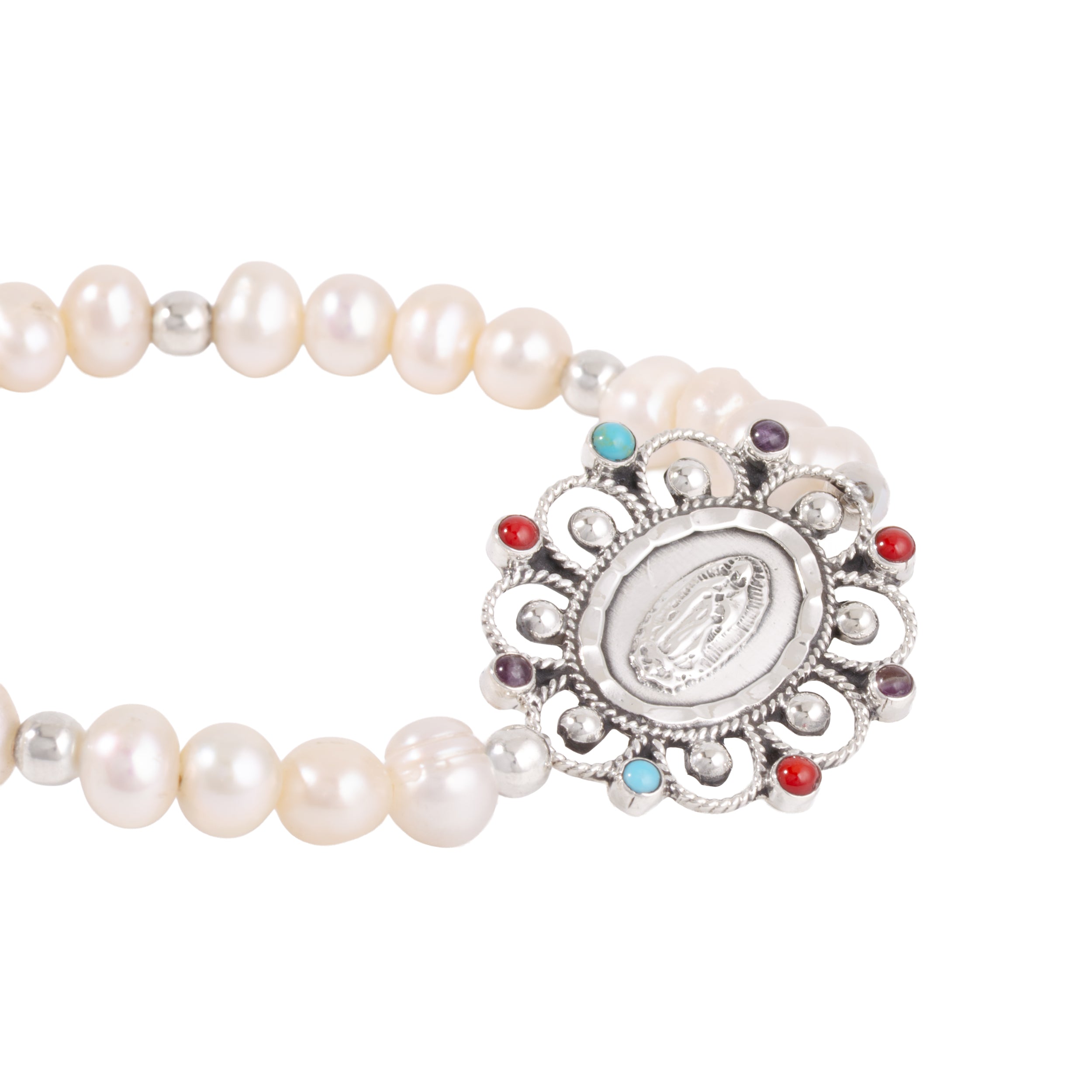 Sterling Silver Virgen De Guadalupe Faux Pearl Bracelet