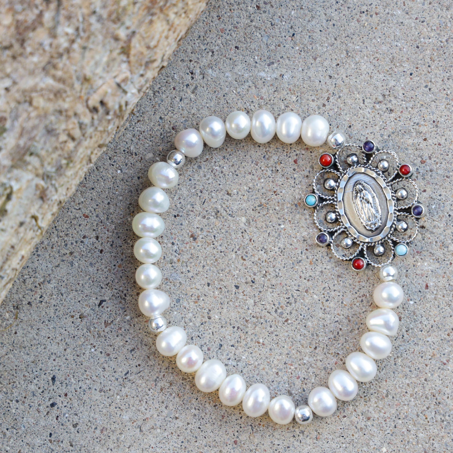 Sterling Silver Virgen De Guadalupe Faux Pearl Bracelet