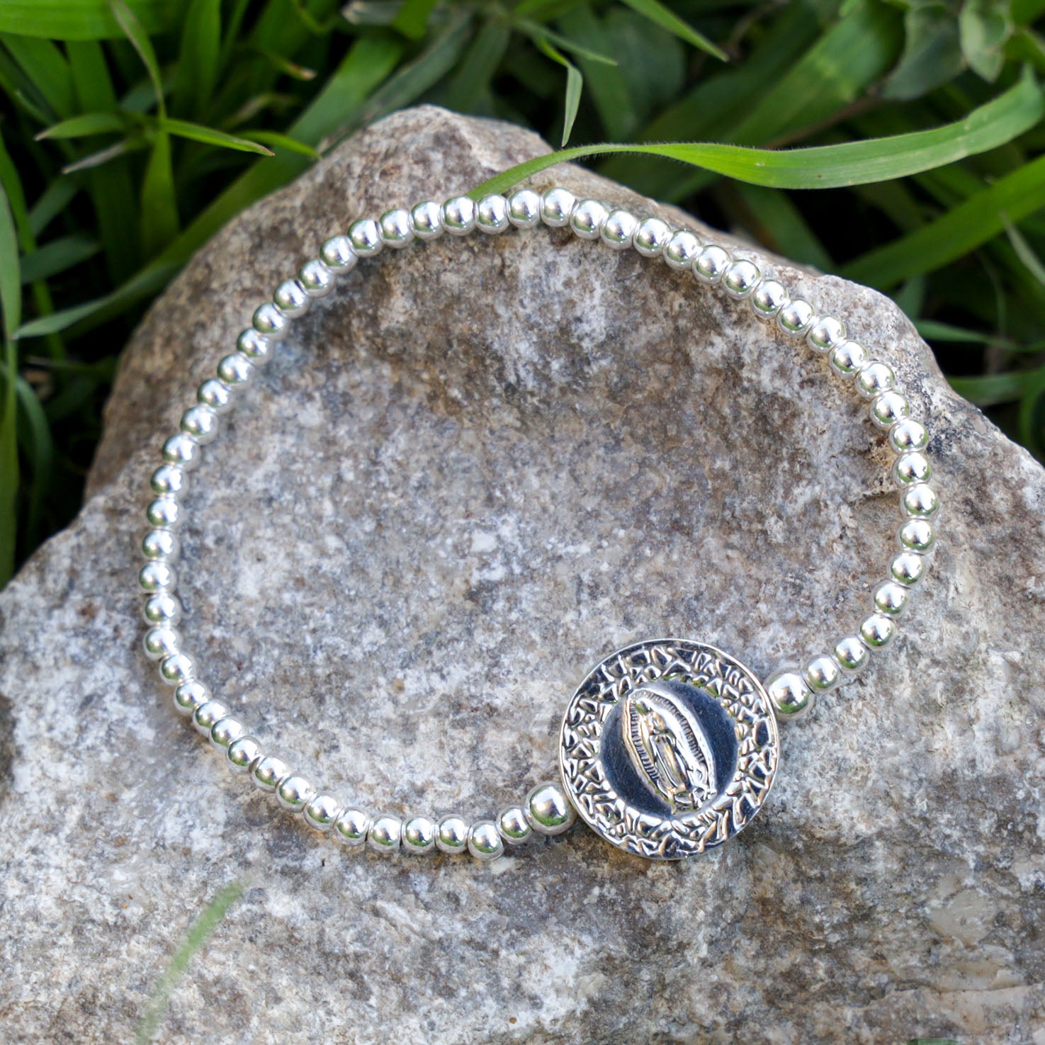 Sterling Silver Virgen de Guadalupe Beaded Bracelet