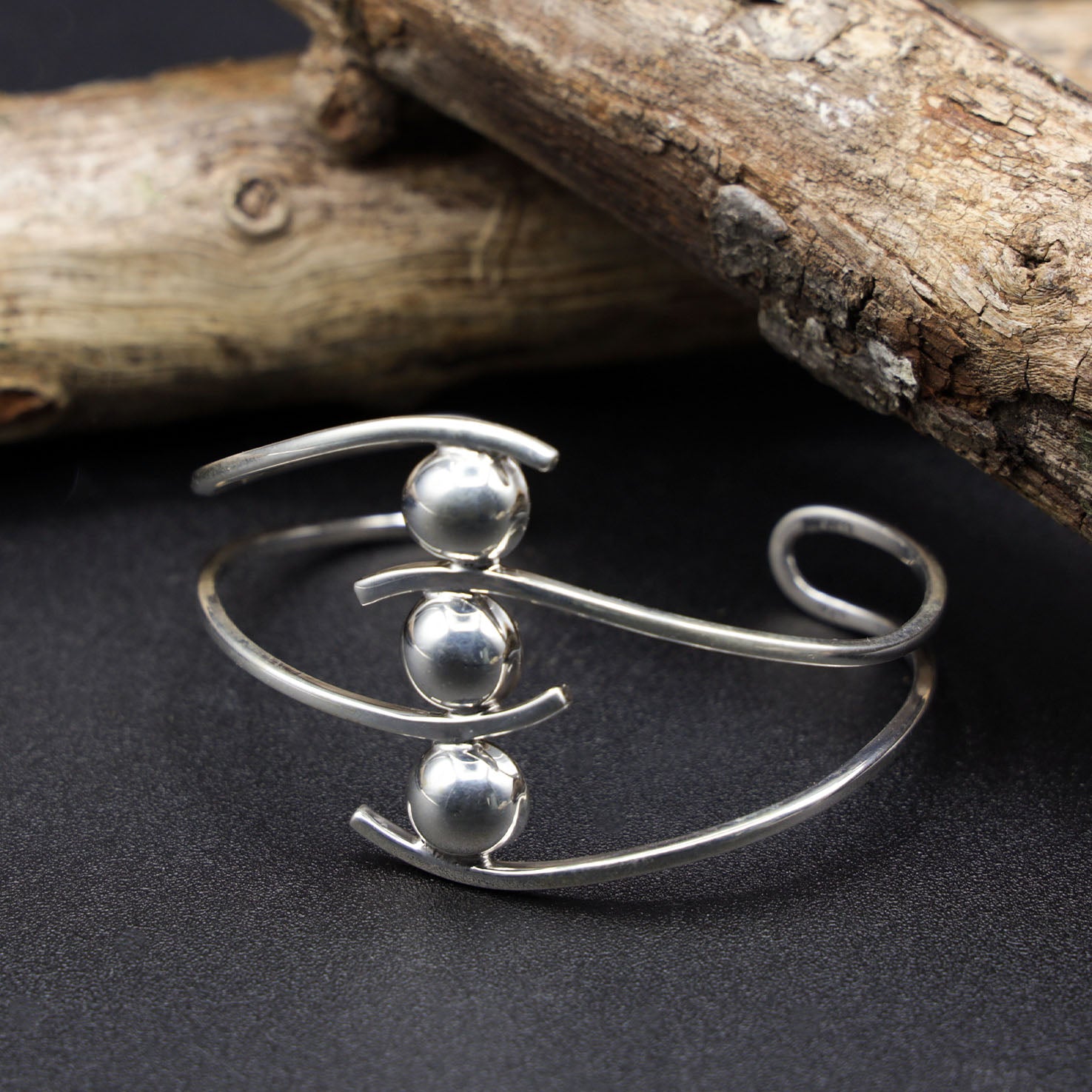 Sterling Silver Half-Sphere Waves Cuff Bracelet