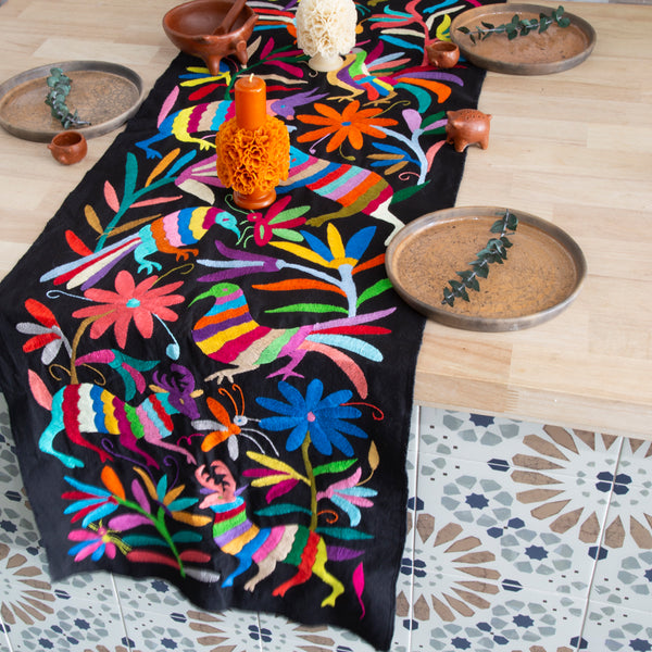 Otomí Hand-Embroidered Black Table Runner | Lolo Mexican Mercadito