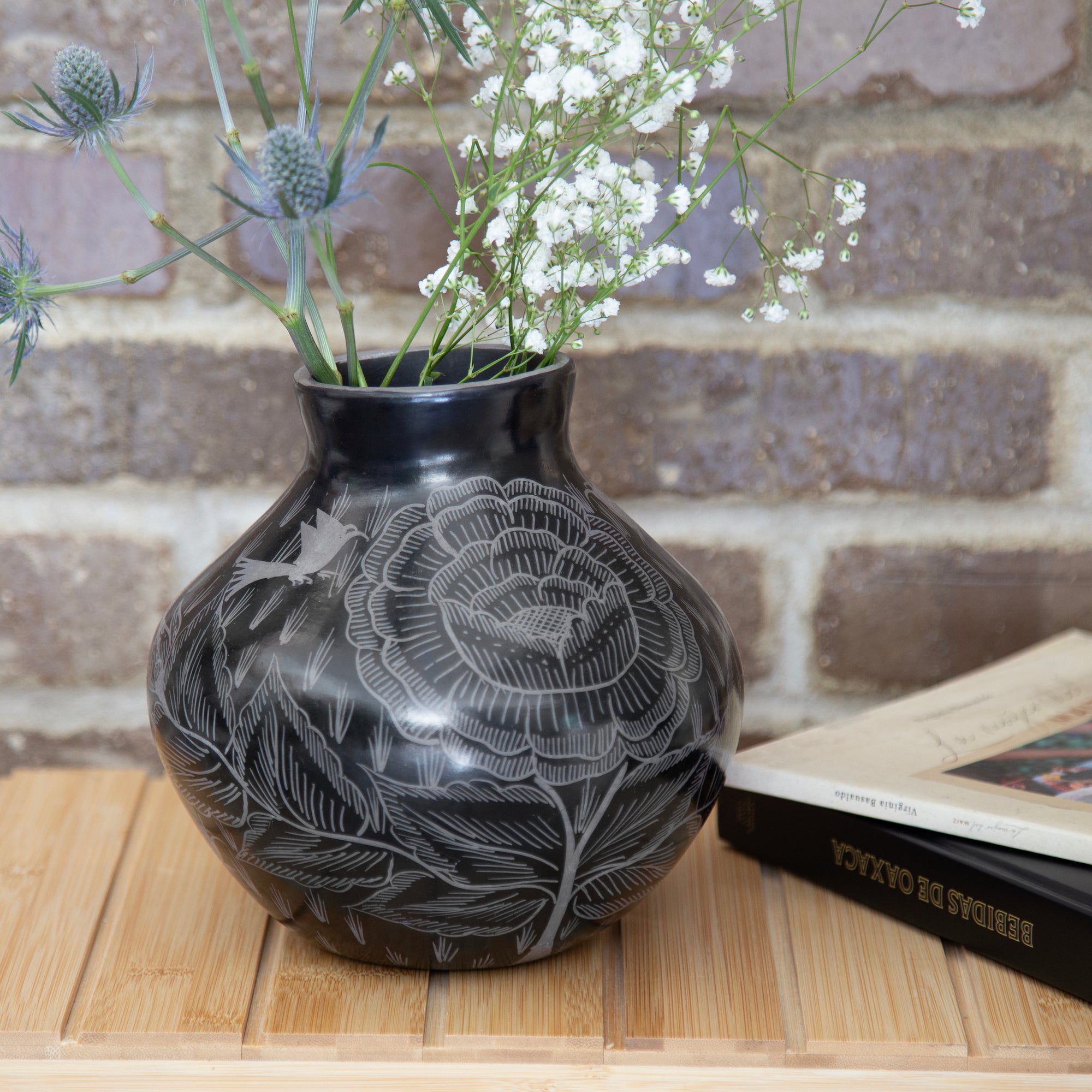 Huancito Glossy Black Floral Short Vase