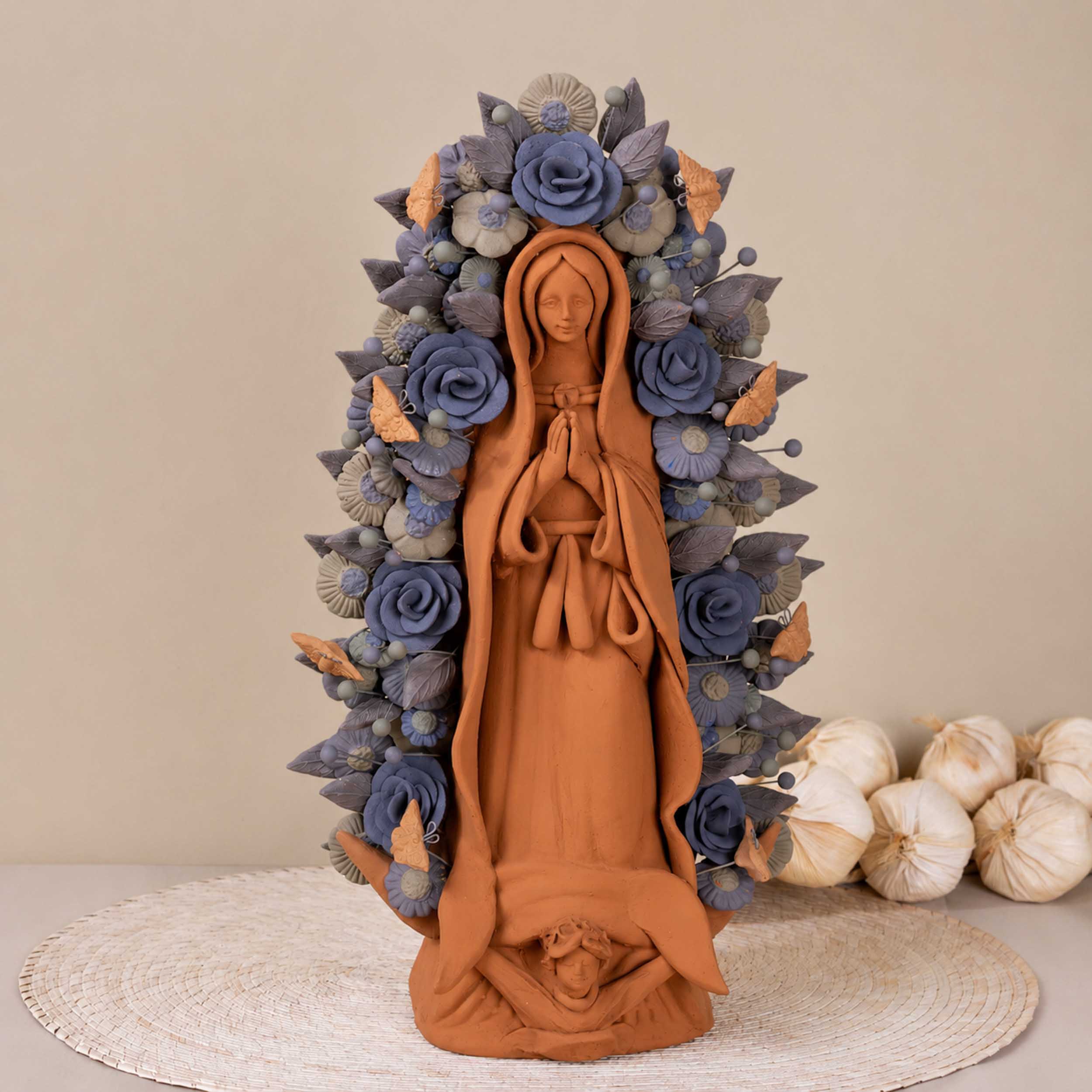 Blue Virgen de Guadalupe Barro Pigmentado Clay Sculpture