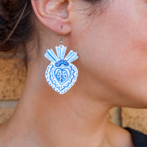 Talavera Heart Tin Art Milagro Earrings