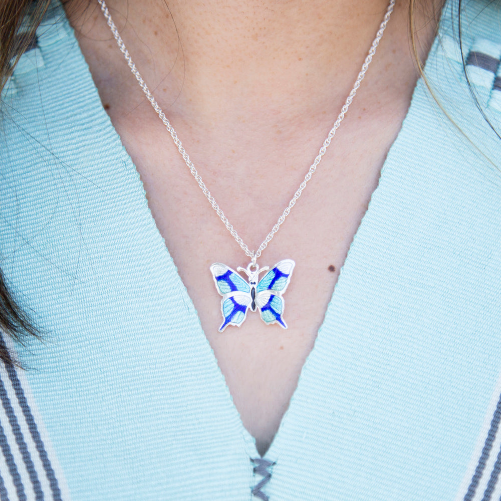 Sterling Silver Into the Blue Butterfly Earrings and Pendant Set