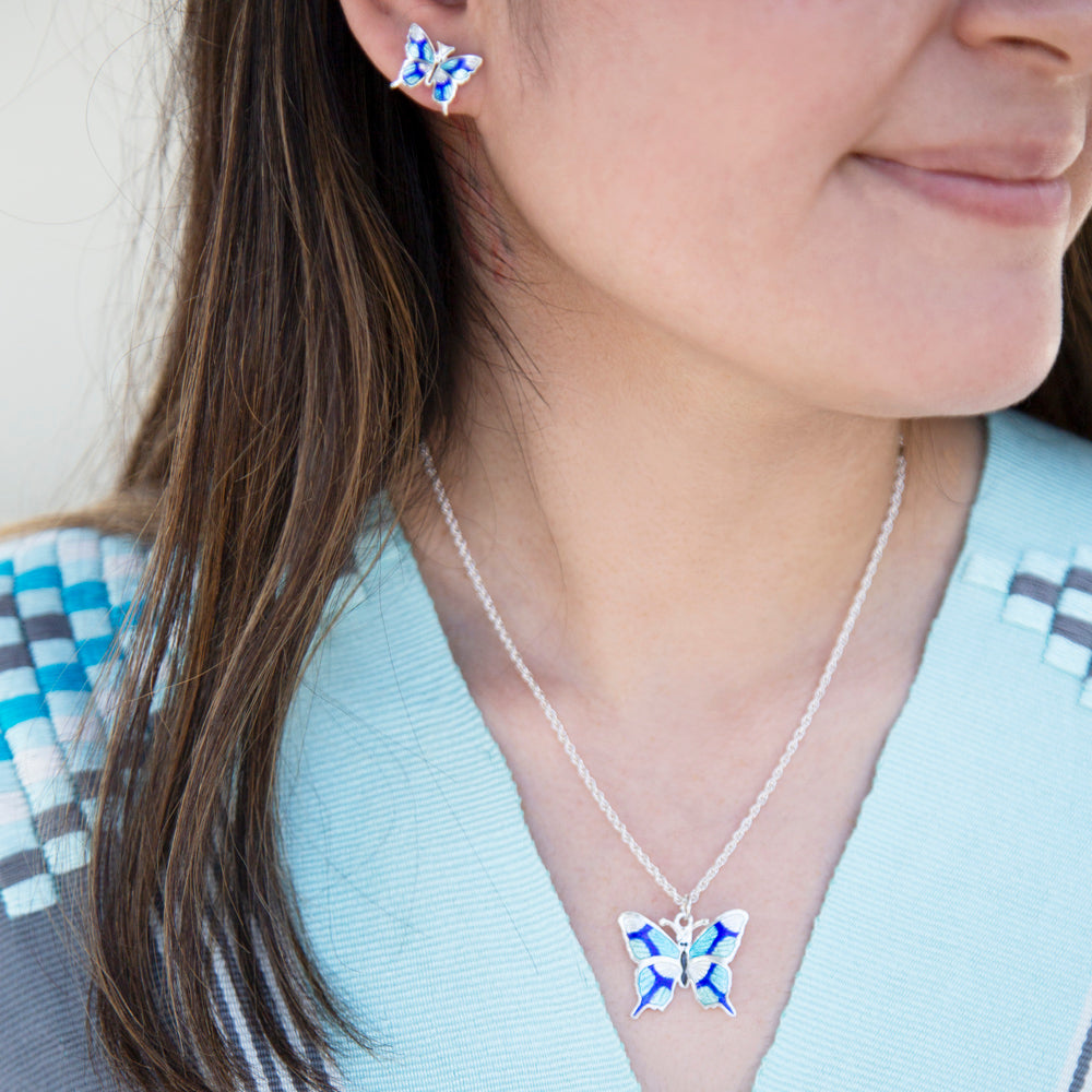 Sterling Silver Into the Blue Butterfly Earrings and Pendant Set