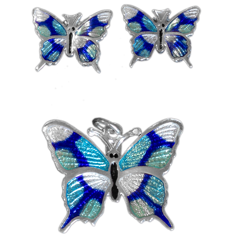 Sterling Silver Into the Blue Butterfly Earrings and Pendant Set