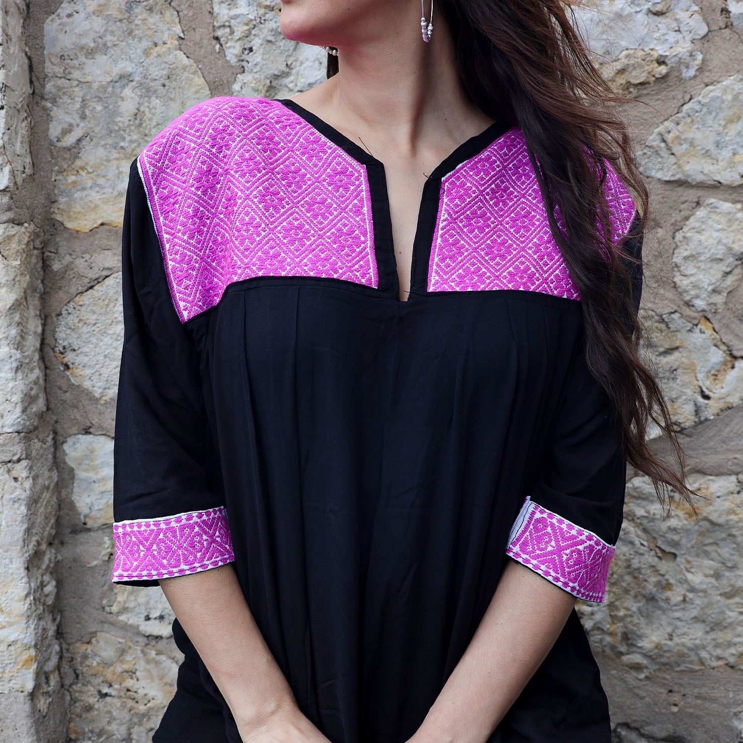 Puebla 3/4 Sleeve Embroidered Long Blouse