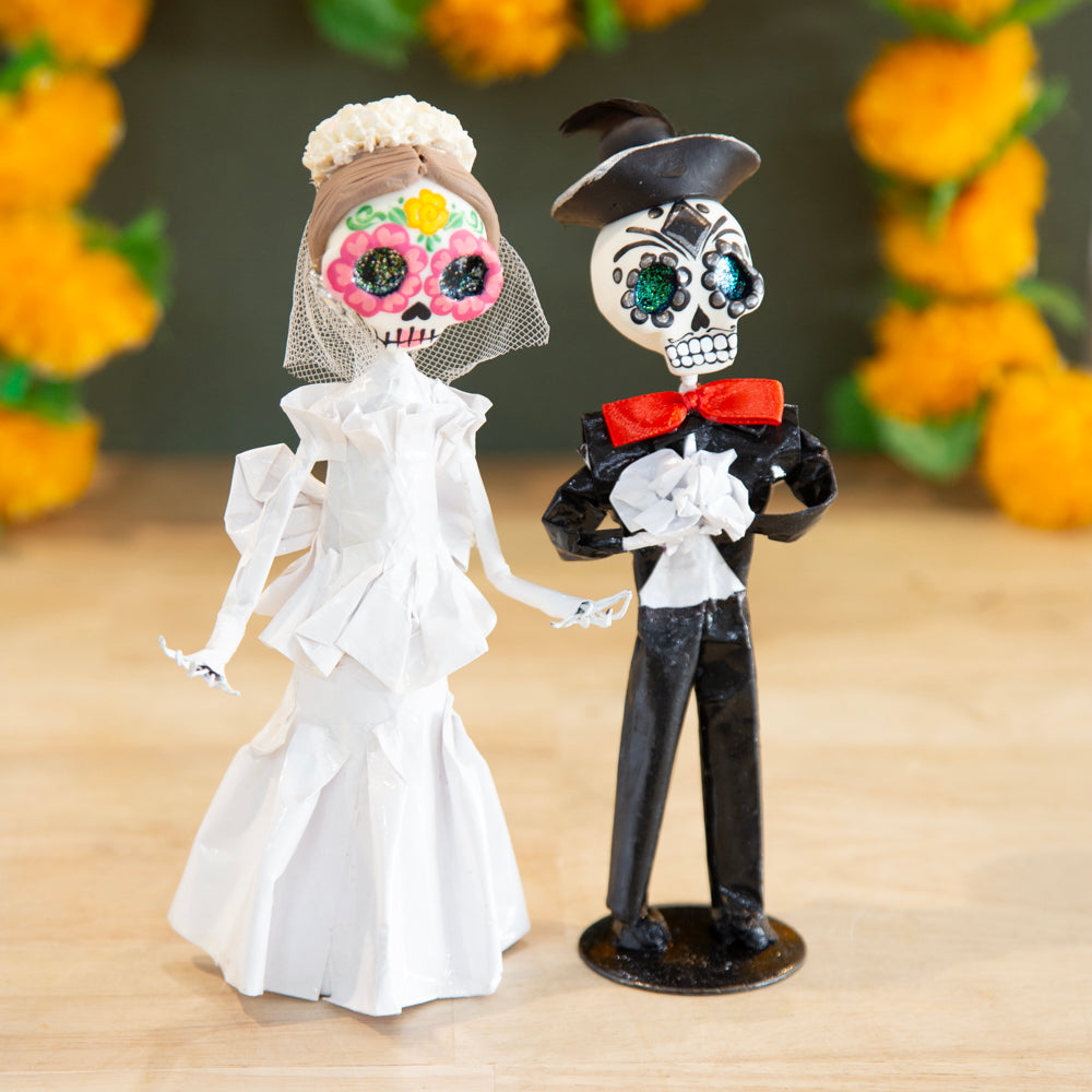 Papier-Mâché Sugar Skull Bride and Groom Sculpture