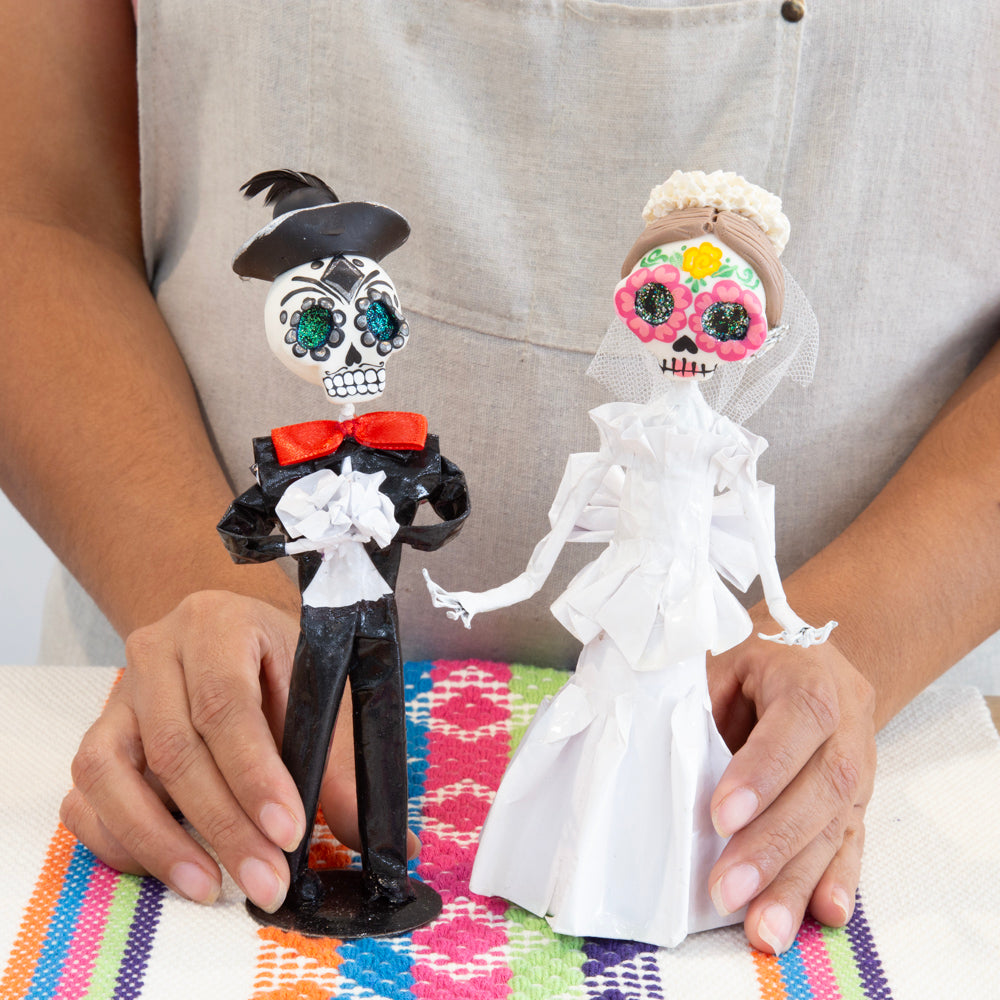 Papier-Mâché Sugar Skull Bride and Groom Sculpture