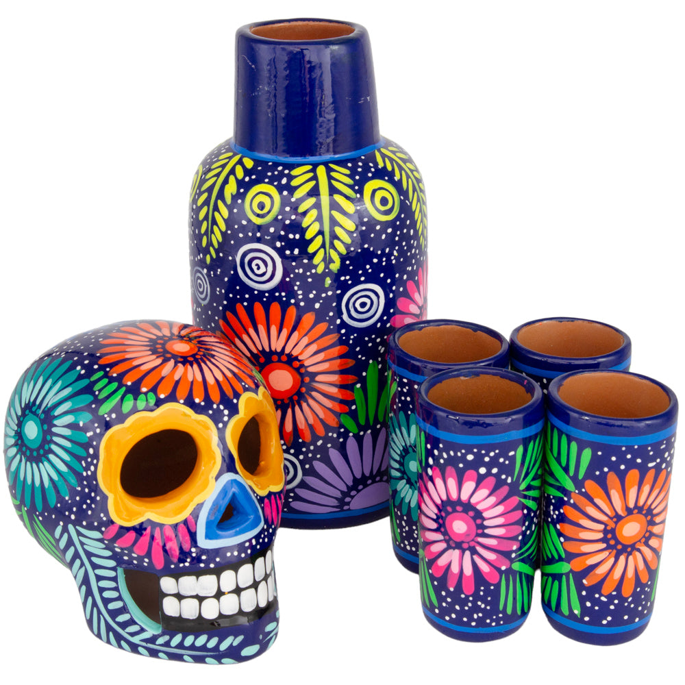Hand-Painted Sugar Skull Top Decanter and Shot Glasses Set