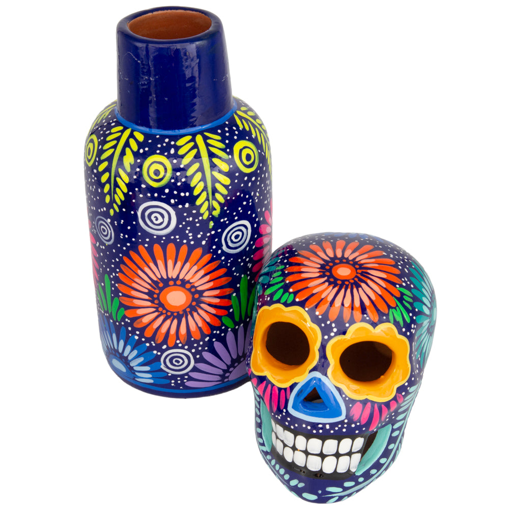 Hand-Painted Sugar Skull Top Decanter and Shot Glasses Set