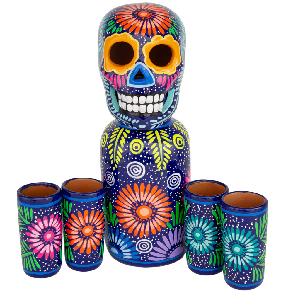 Hand-Painted Sugar Skull Top Decanter and Shot Glasses Set
