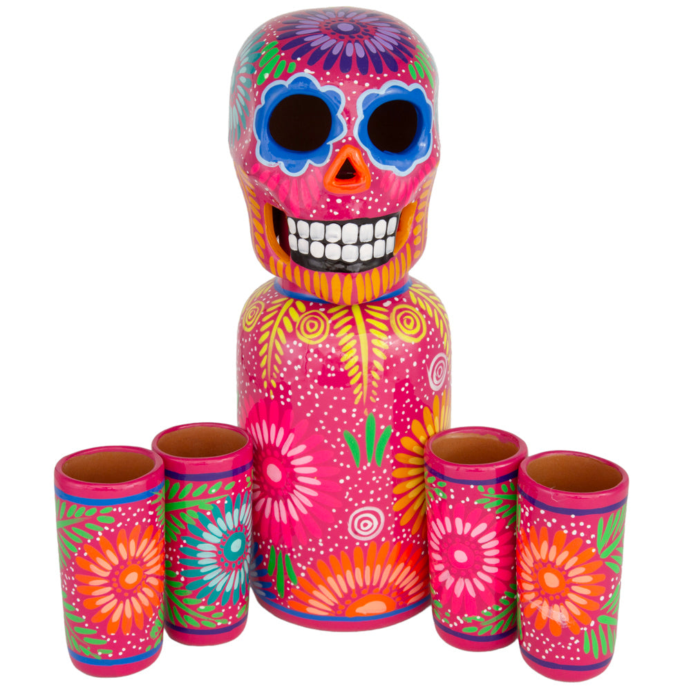 Hand-Painted Sugar Skull Top Decanter and Shot Glasses Set