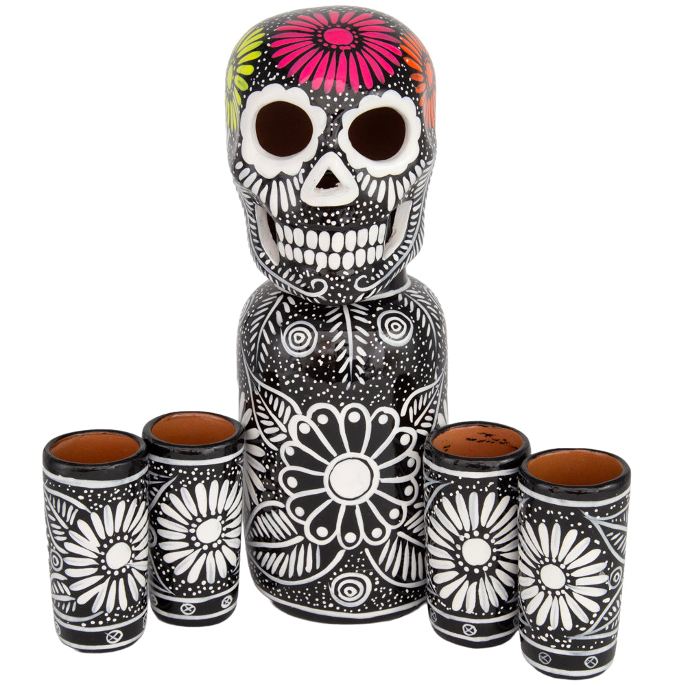 Hand-Painted Sugar Skull Top Decanter and Shot Glasses Set