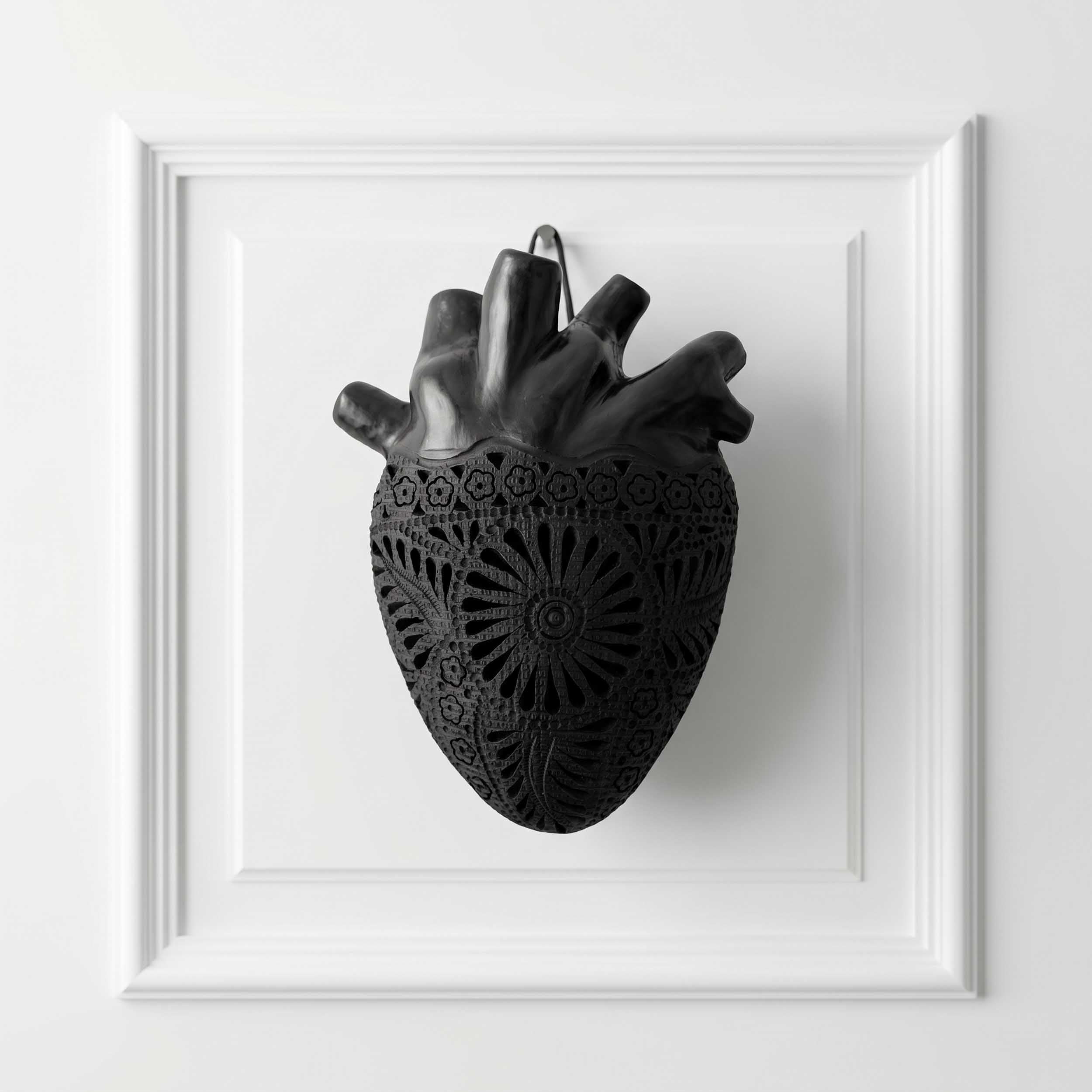 Carved Barro Negro, Black Clay, Heart Wall Art Sculpture