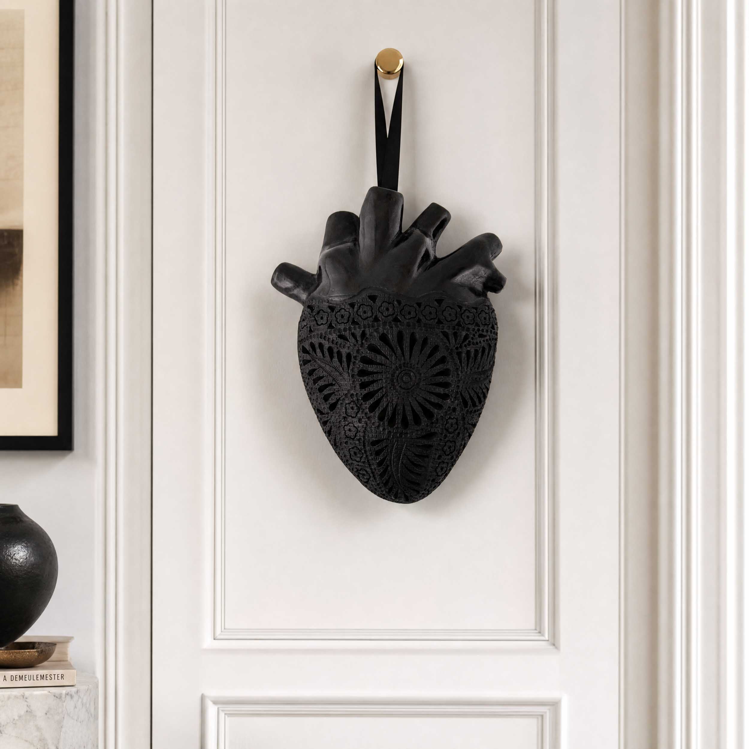 Carved Barro Negro, Black Clay, Heart Wall Art Sculpture