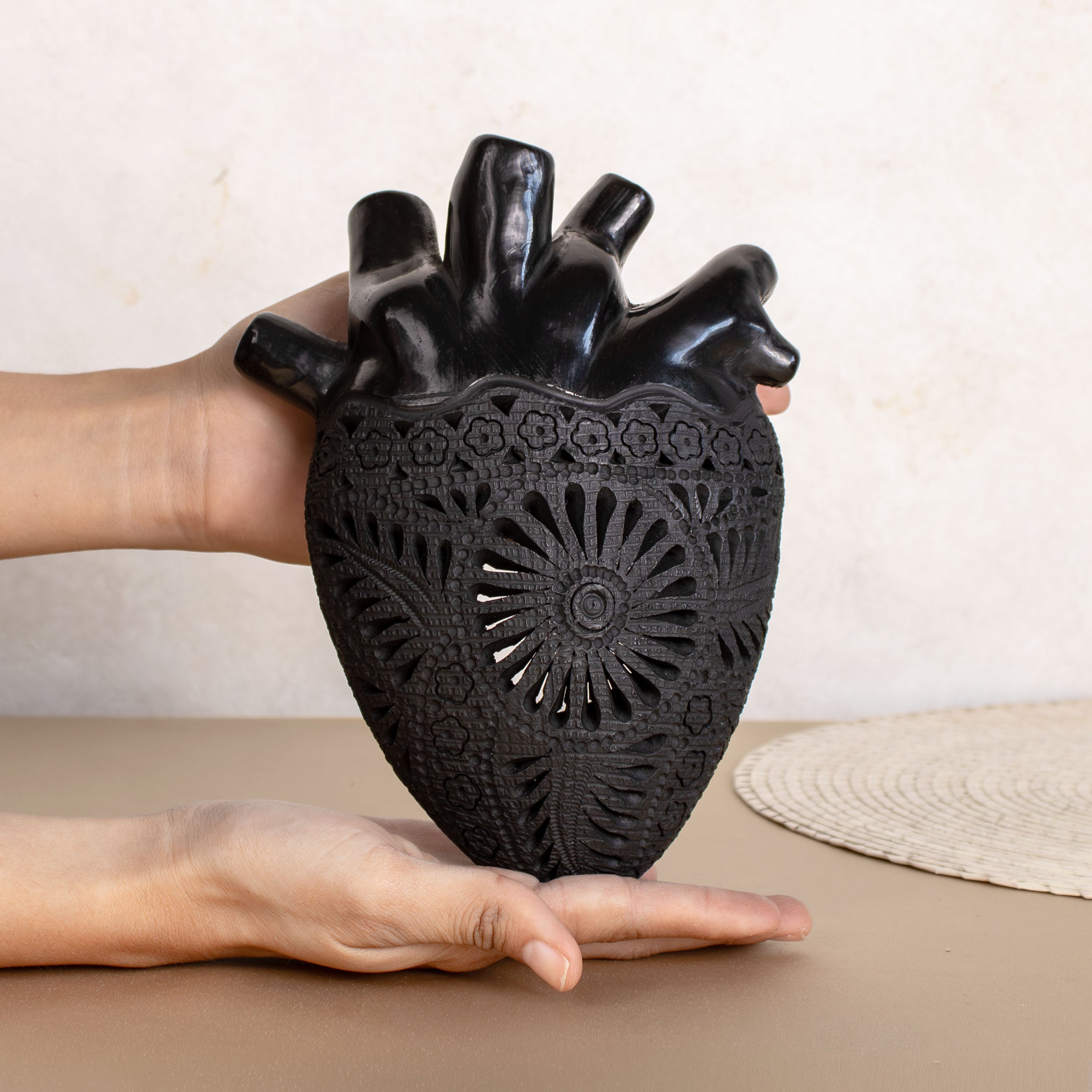 Carved Barro Negro, Black Clay, Heart Wall Art Sculpture