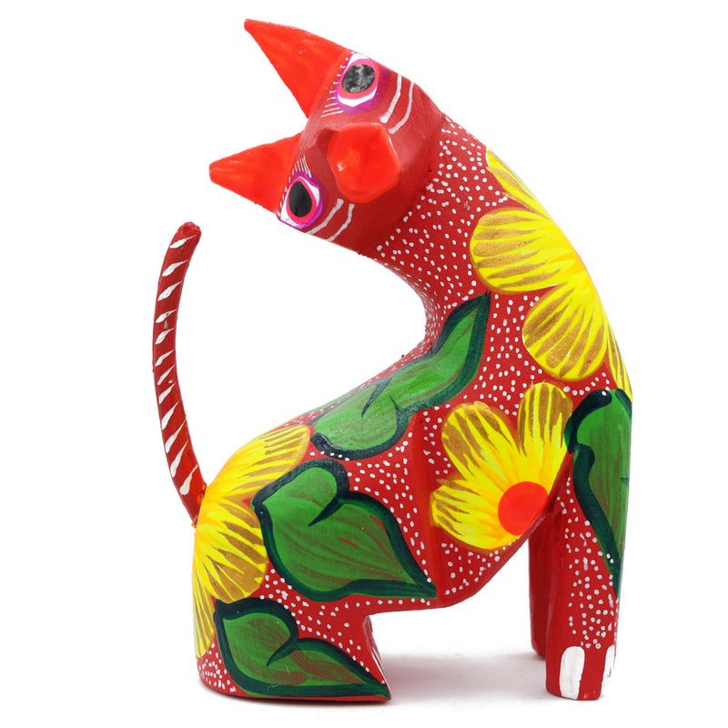 Large Hand Painted Neck Side Bend Cat Wooden Figurine