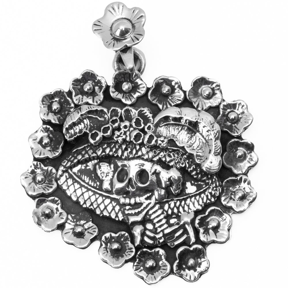 Sterling Silver Calavera Garbancera La Catrina Pendant