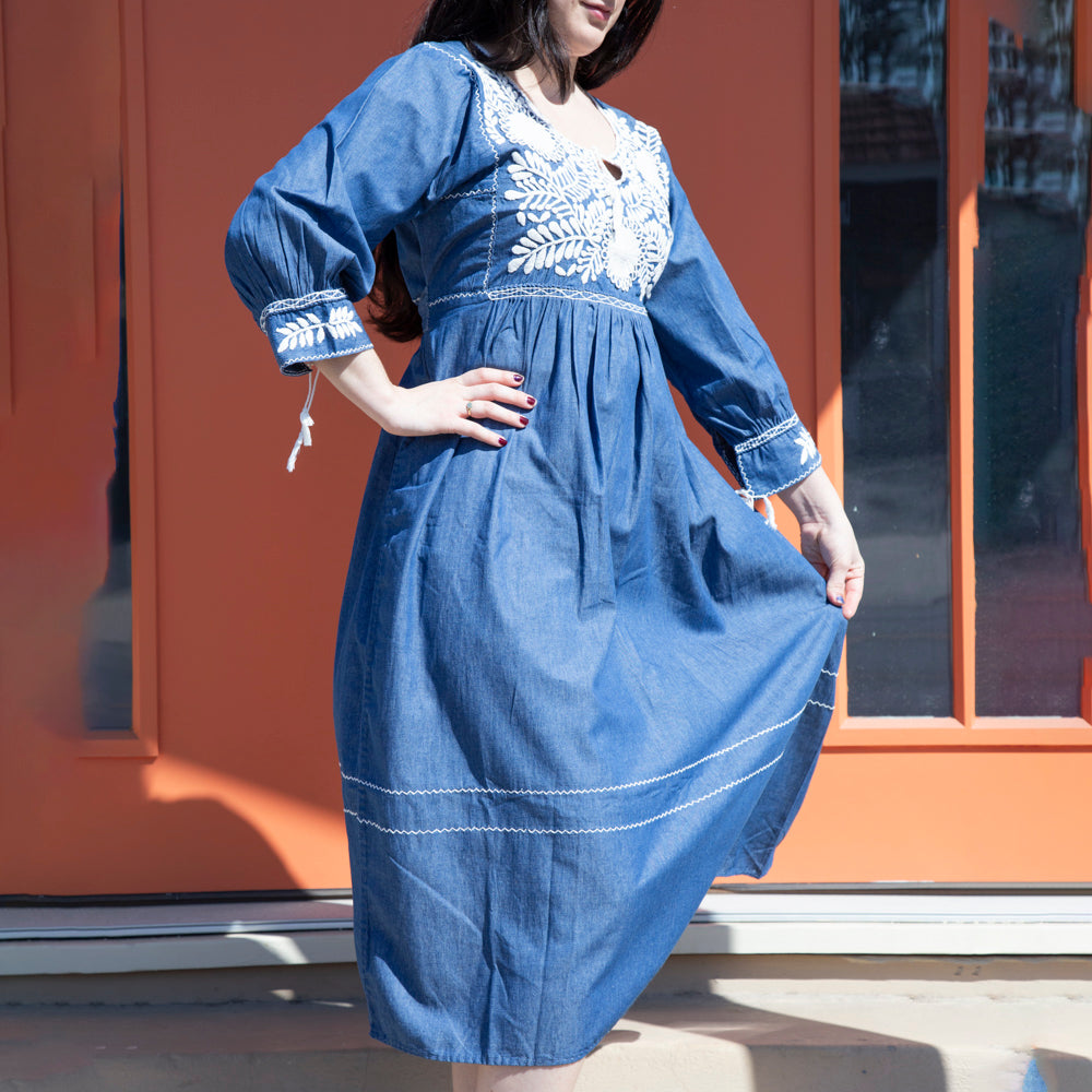 Carranza 3/4 Sleeve Embroidered Midi Dress | Lolo Mexican Mercadito