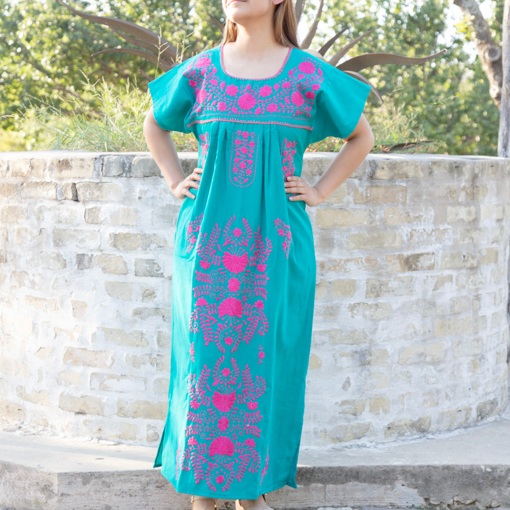 Chilac Floral Embroidered Mexican Long Dress