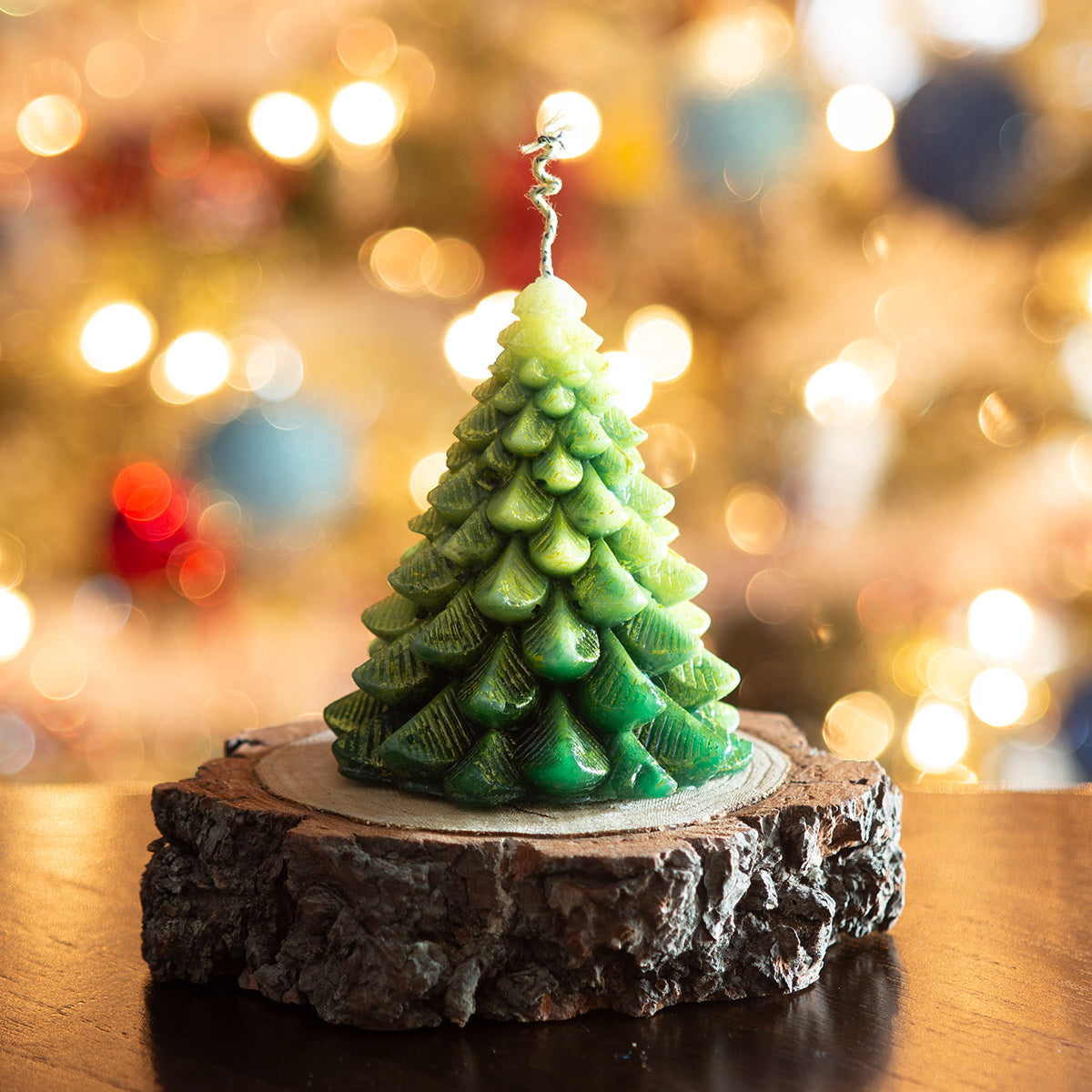 Christmas Tree Beeswax Candle with Wooden Base