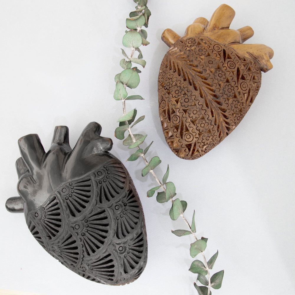 Carved Barro Negro, Black Clay, Heart Wall Art Sculpture
