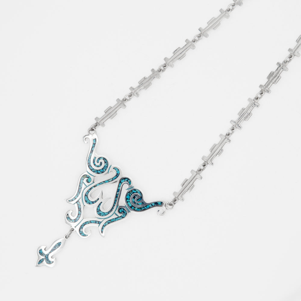 Sterling Silver Feathered Path Faux Turquoise Necklace