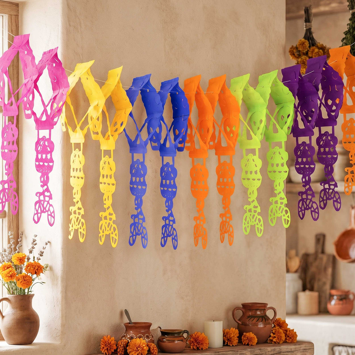 Colorful Calaca on a Bike Papel Picado Banner