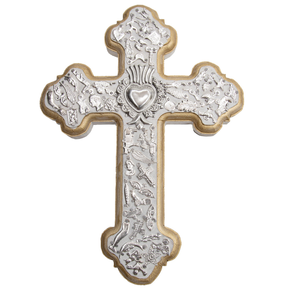 Wooden Wall Cross with Milagritos, Large Lolo Mexican Mercadito
