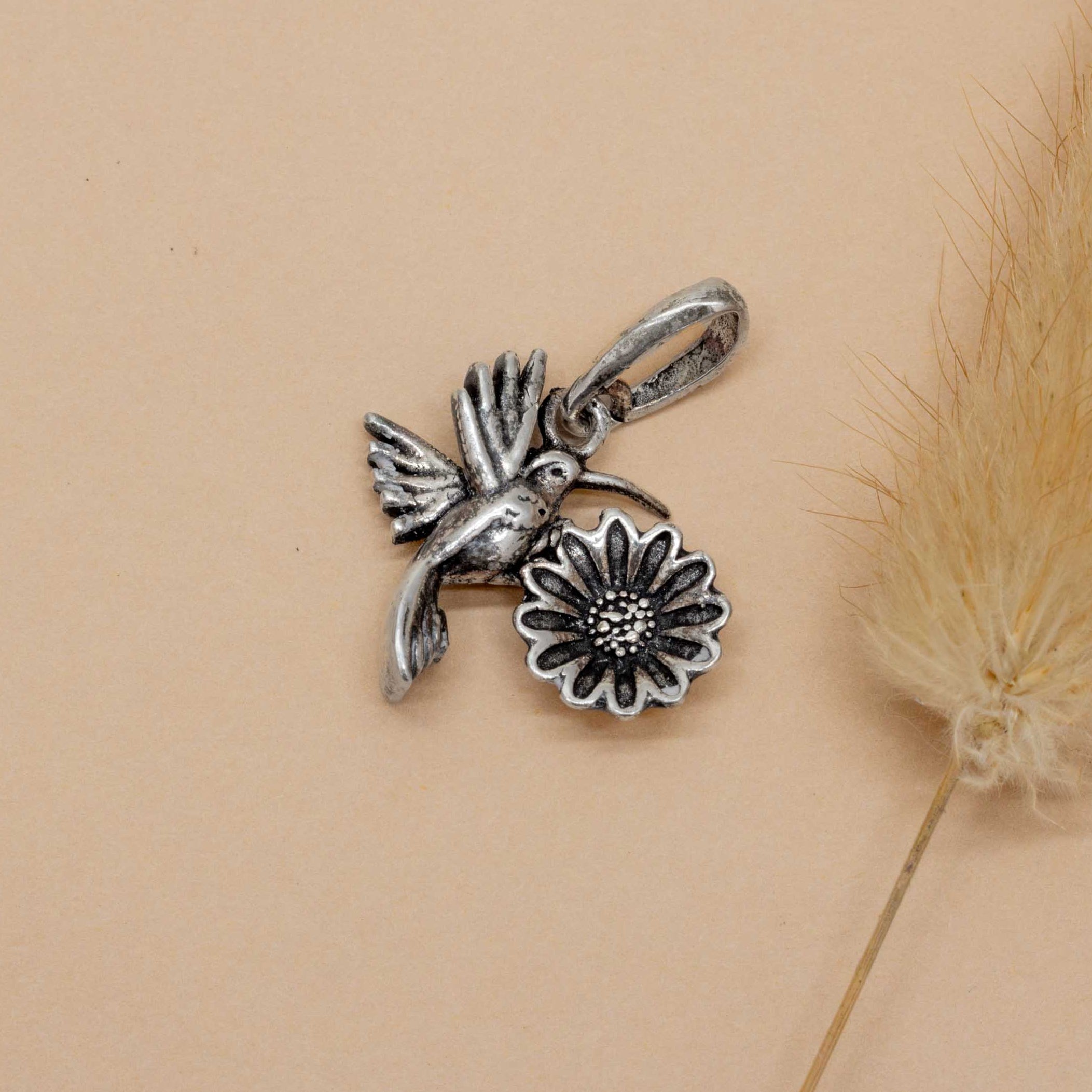 Sterling Silver Hummingbird Flower Pendant