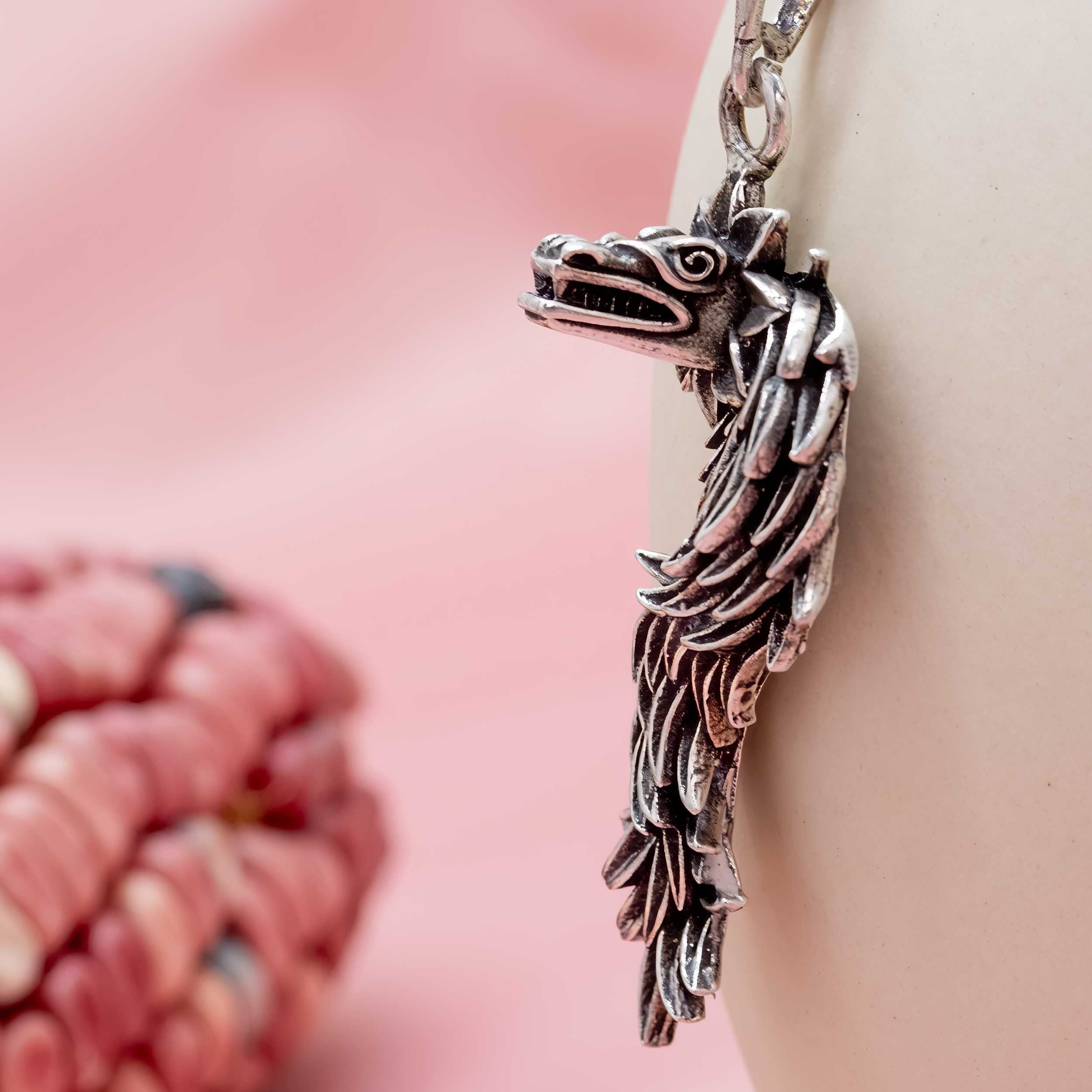 Sterling Silver Quetzalcoatl Feathered-Serpent Pendant