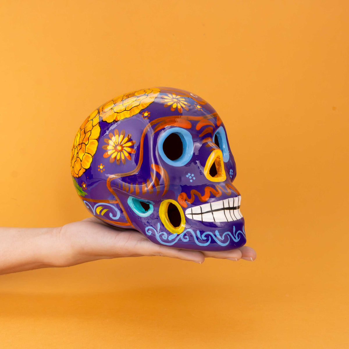 Hand-Painted Cempasuchil Lolo Limited Edition Clay Sugar Skulls