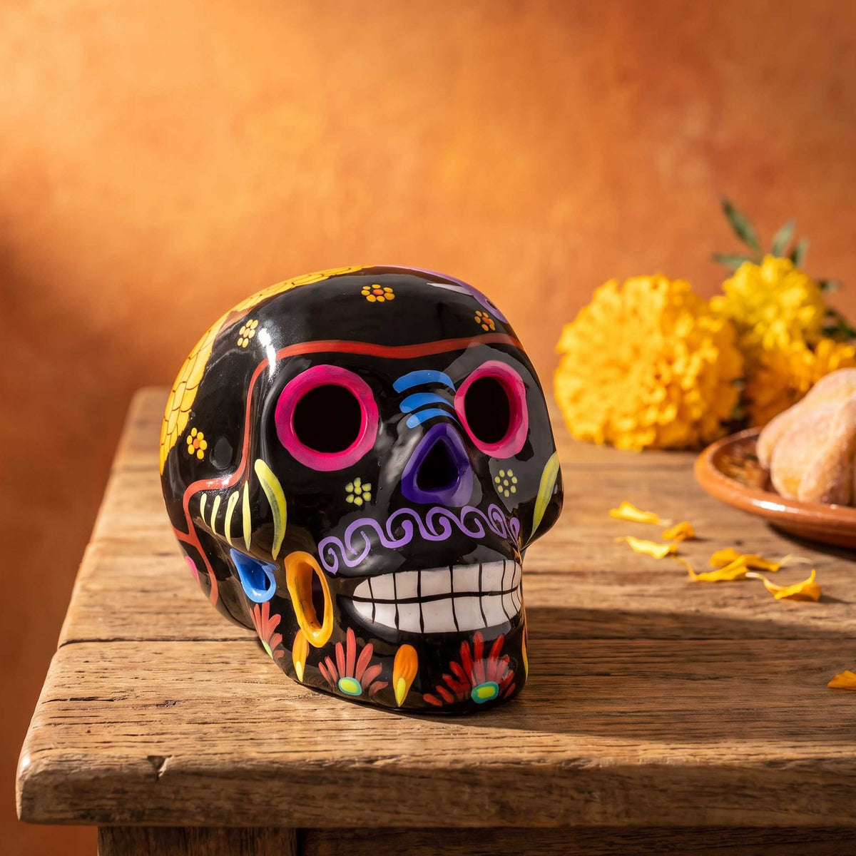Hand-Painted Cempasuchil Lolo Limited Edition Clay Sugar Skulls