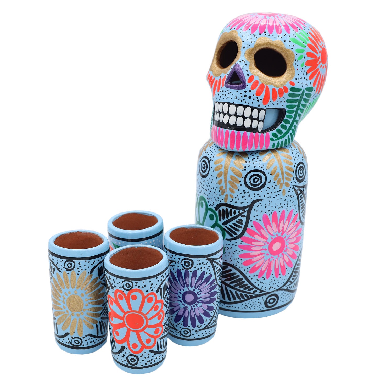 Hand-Painted Sugar Skull Top Decanter and Shot Glasses Set