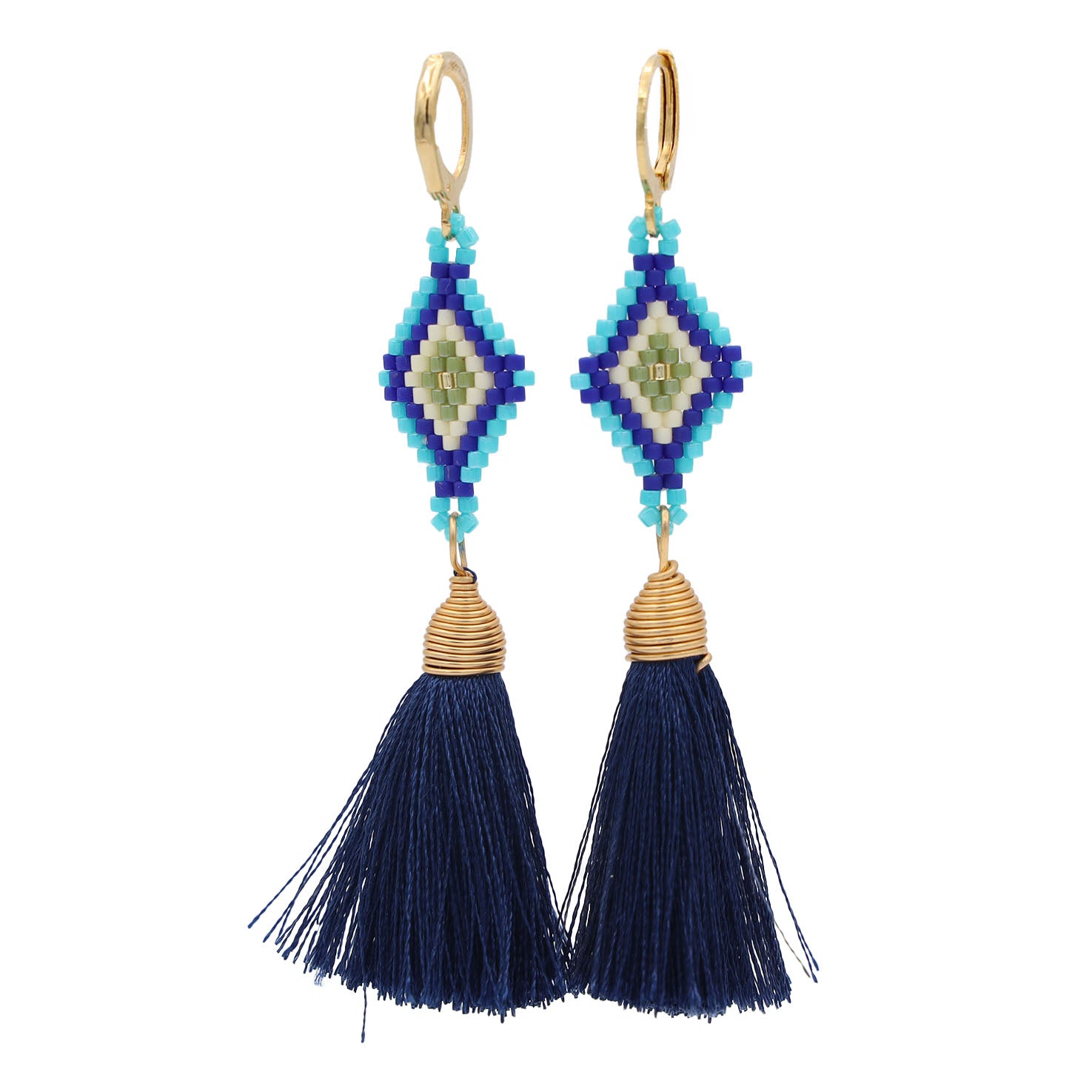 Tzicuri Wixárika Beaded Geometric Earrings with Tassel