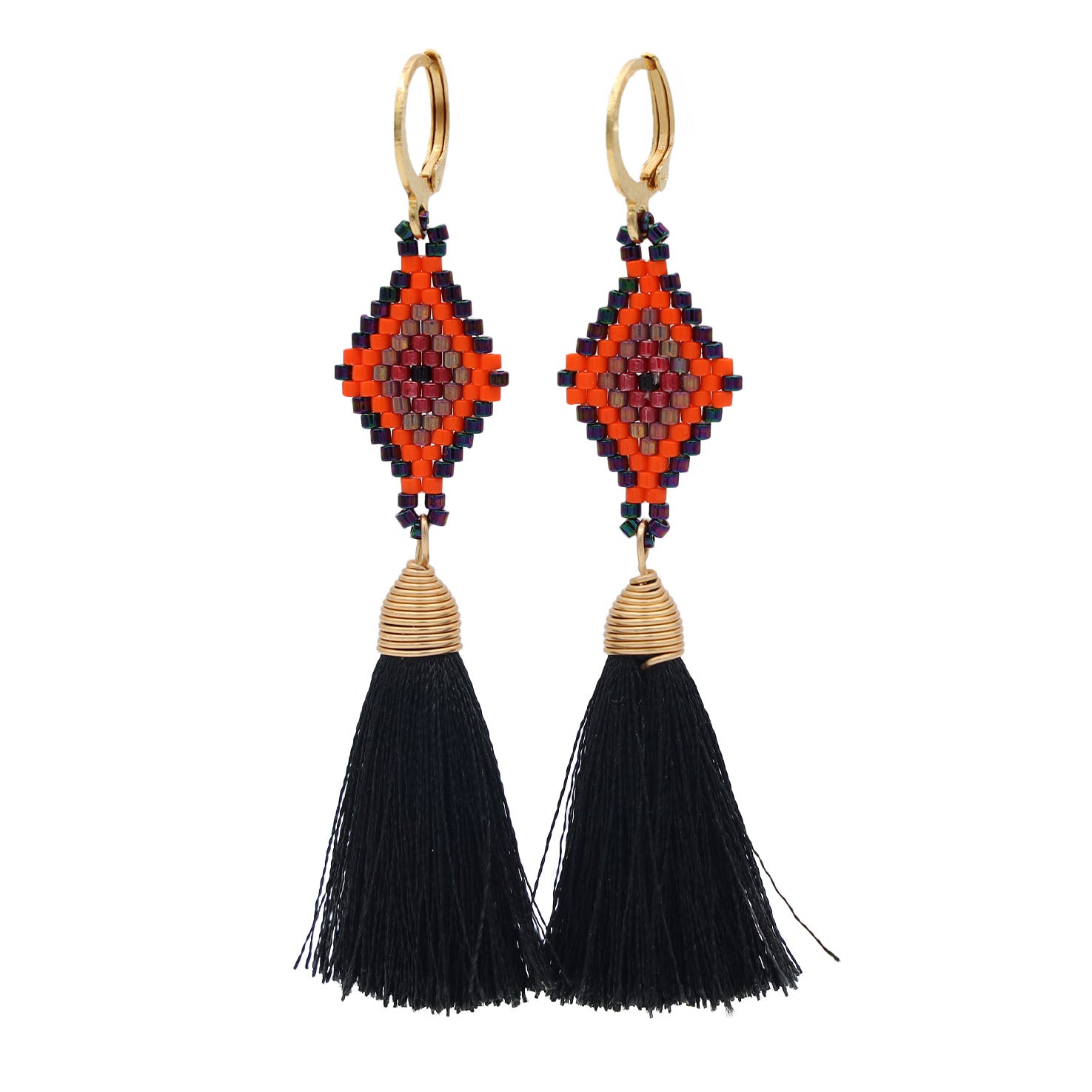 Tzicuri Wixárika Beaded Geometric Earrings with Tassel