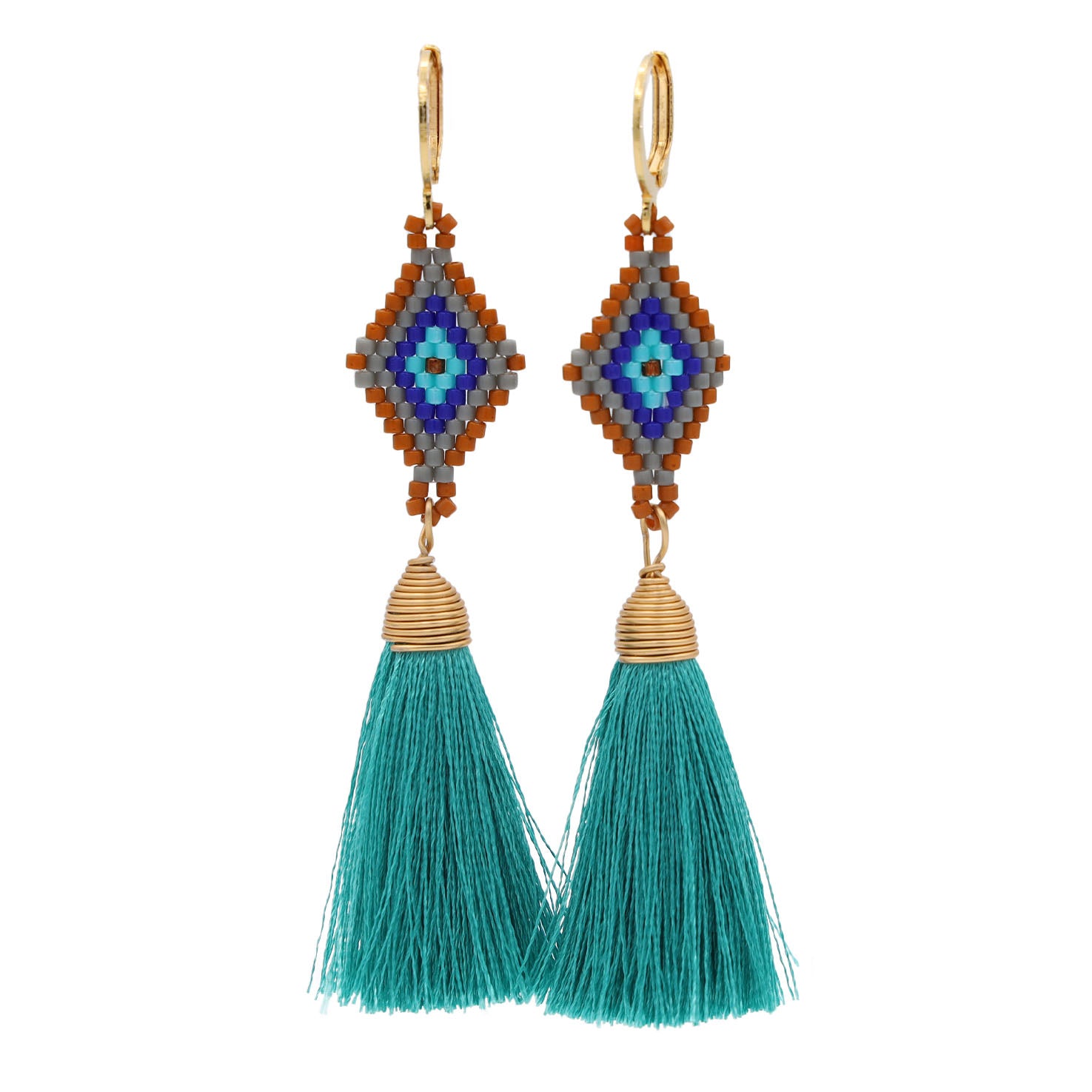 Tzicuri Wixárika Beaded Geometric Earrings with Tassel