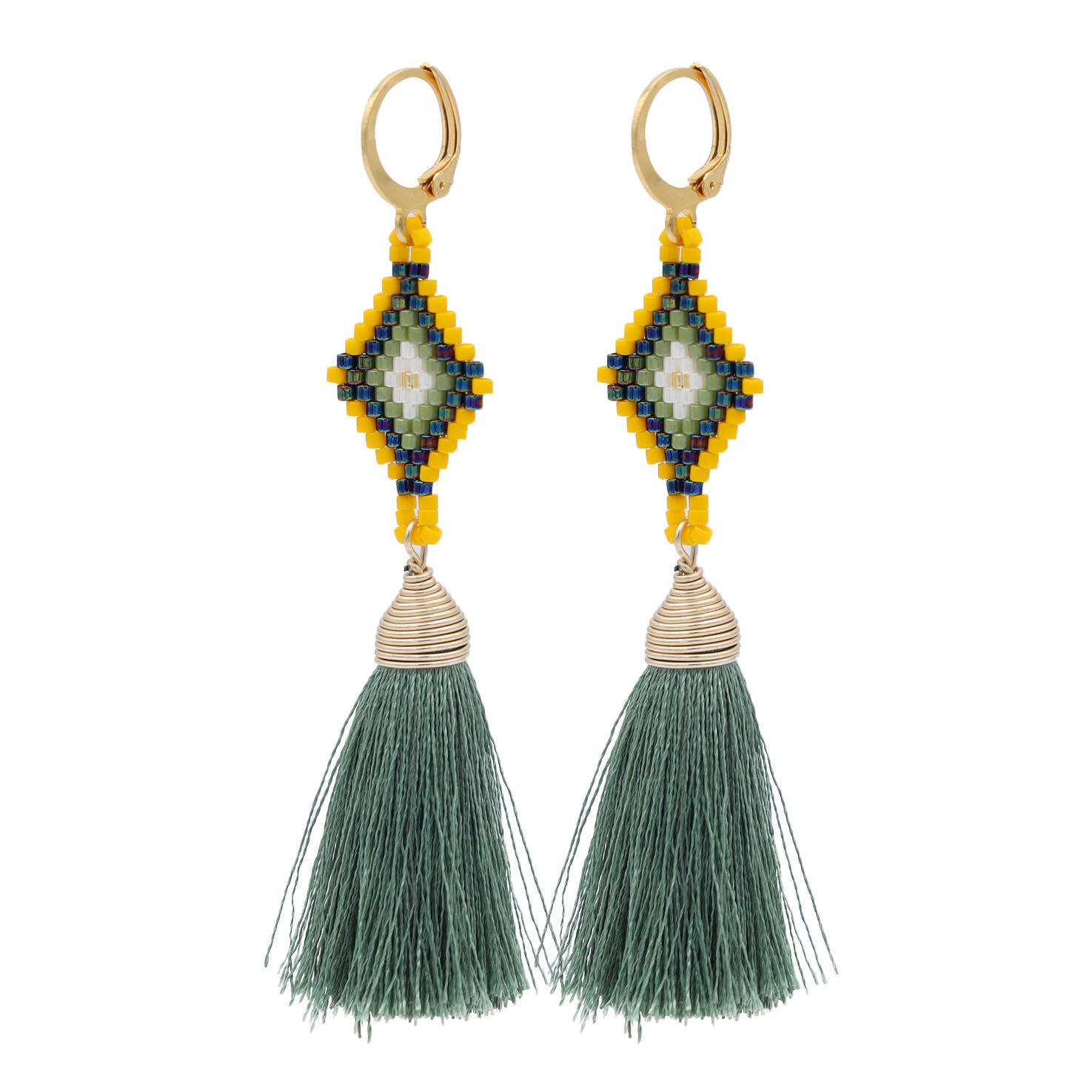 Tzicuri Wixárika Beaded Geometric Earrings with Tassel