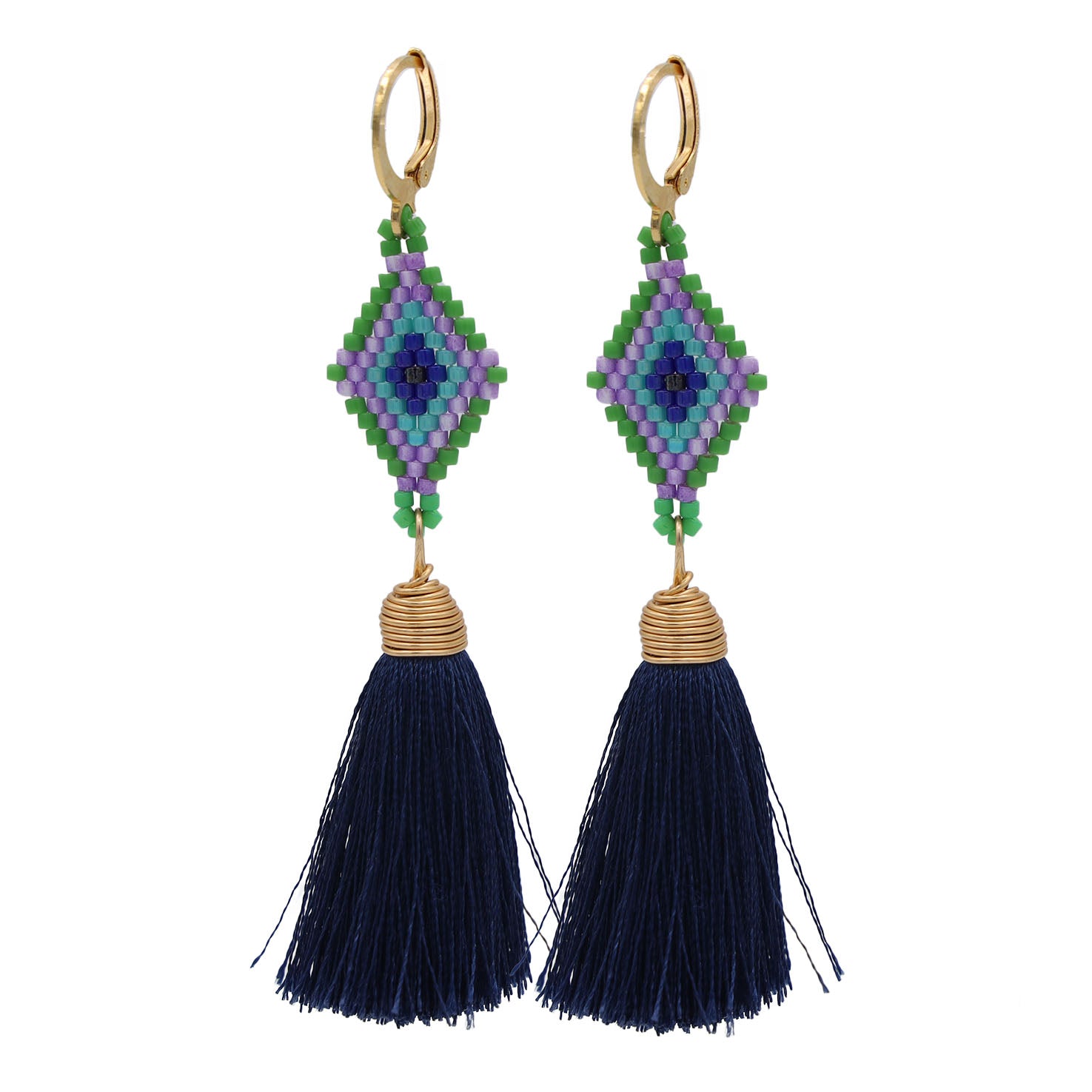 Tzicuri Wixárika Beaded Geometric Earrings with Tassel