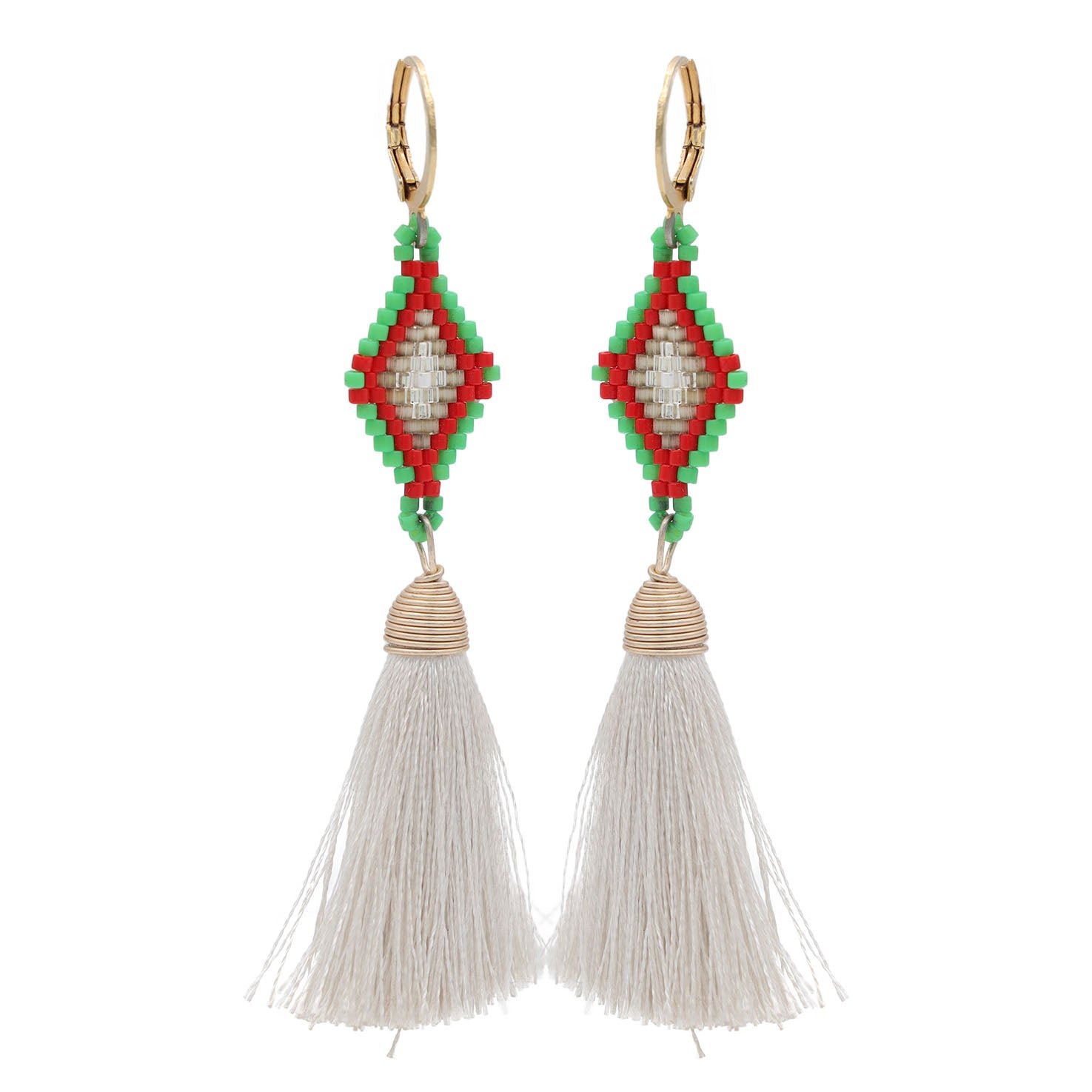 Tzicuri Wixárika Beaded Geometric Earrings with Tassel