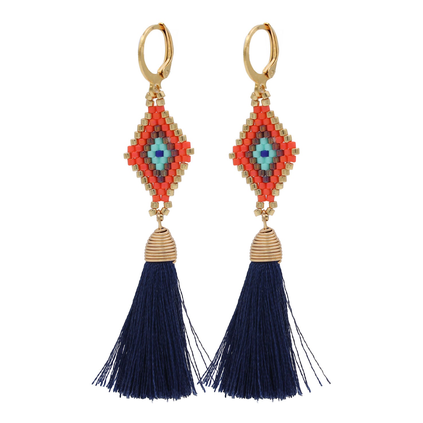 Tzicuri Wixárika Beaded Geometric Earrings with Tassel