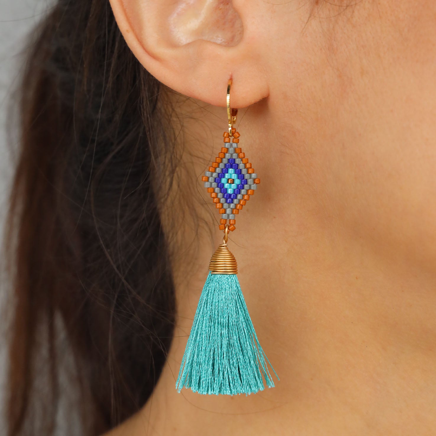 Tzicuri Wixárika Beaded Geometric Earrings with Tassel