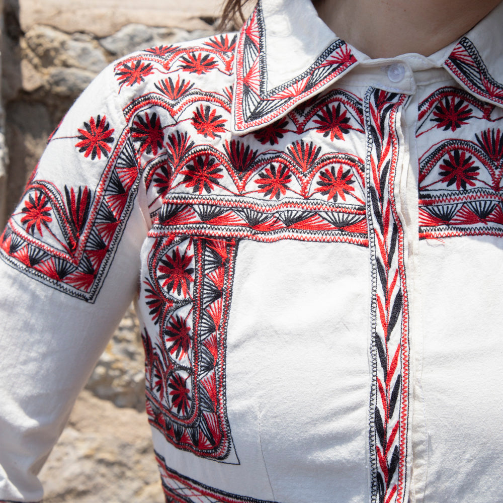 Kukoj Embroidered Button Up 3/4 Sleeve Dress